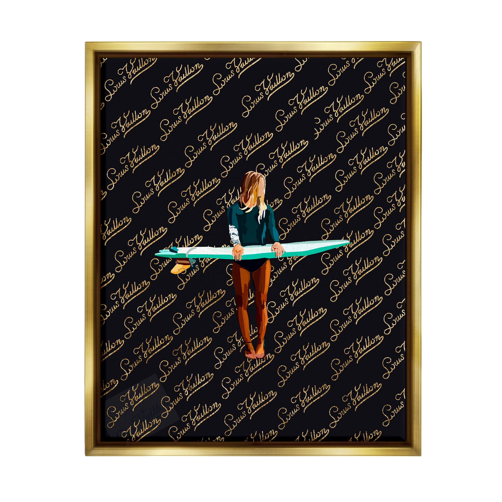 Stupell Industries Glam Girl with Surfboard Sports Painting Gold Floater Framed Canvas Art Print Wall Art, 17 x 21