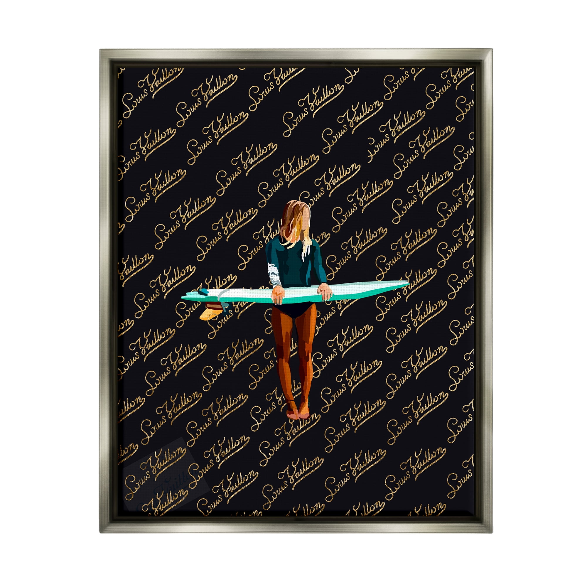 Stupell Industries Glam Girl with Surfboard Sports Painting Gray Floater Framed Canvas Art Print Wall Art, 25 x 31