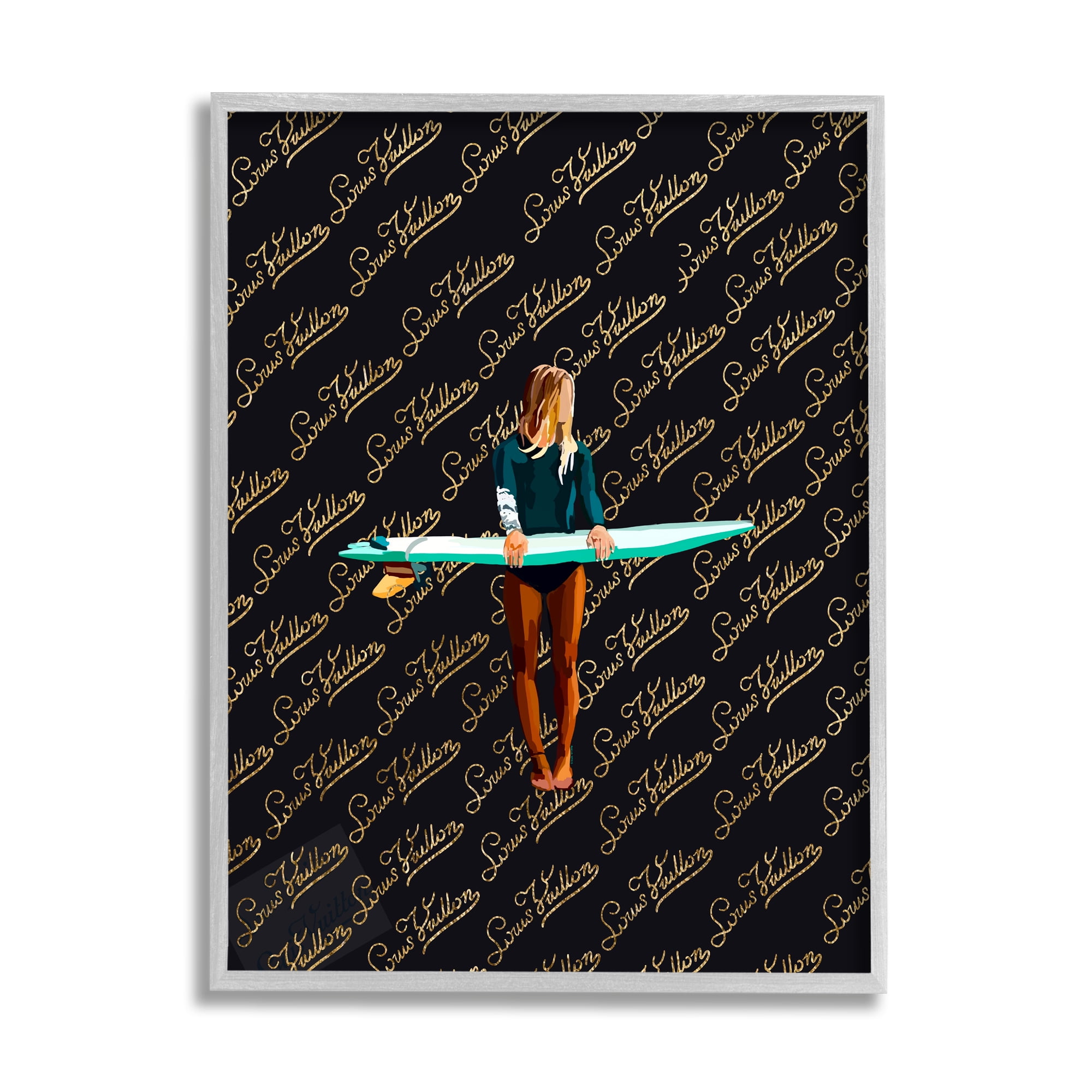 Stupell Industries Glam Girl with Surfboard Sports Painting Gray Framed Art Print Wall Art, 16 x 20