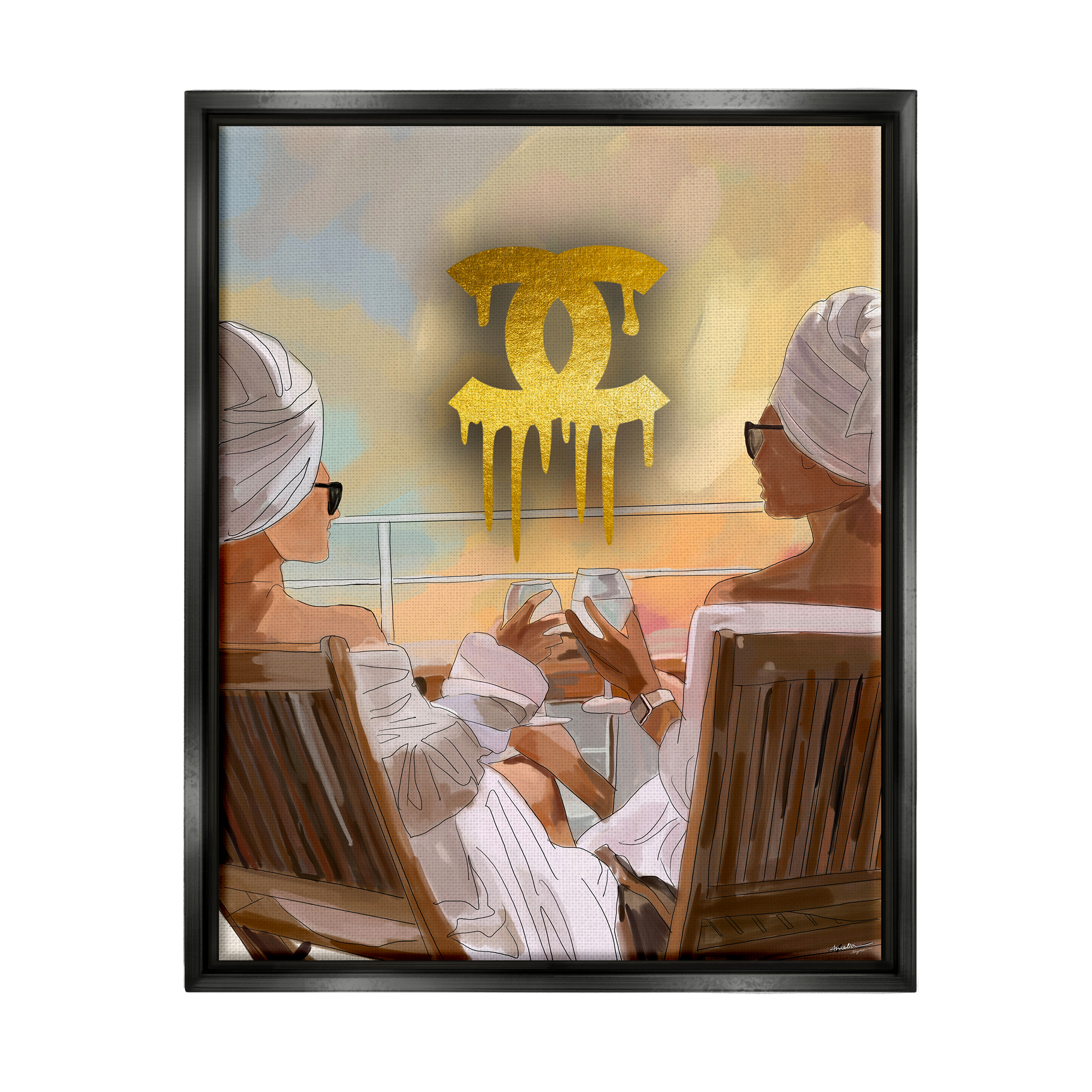 Stupell Industries Glam Girls & Wine Beauty & Fashion Painting Black Floater Framed Art Print Wall Art, 25 x 31