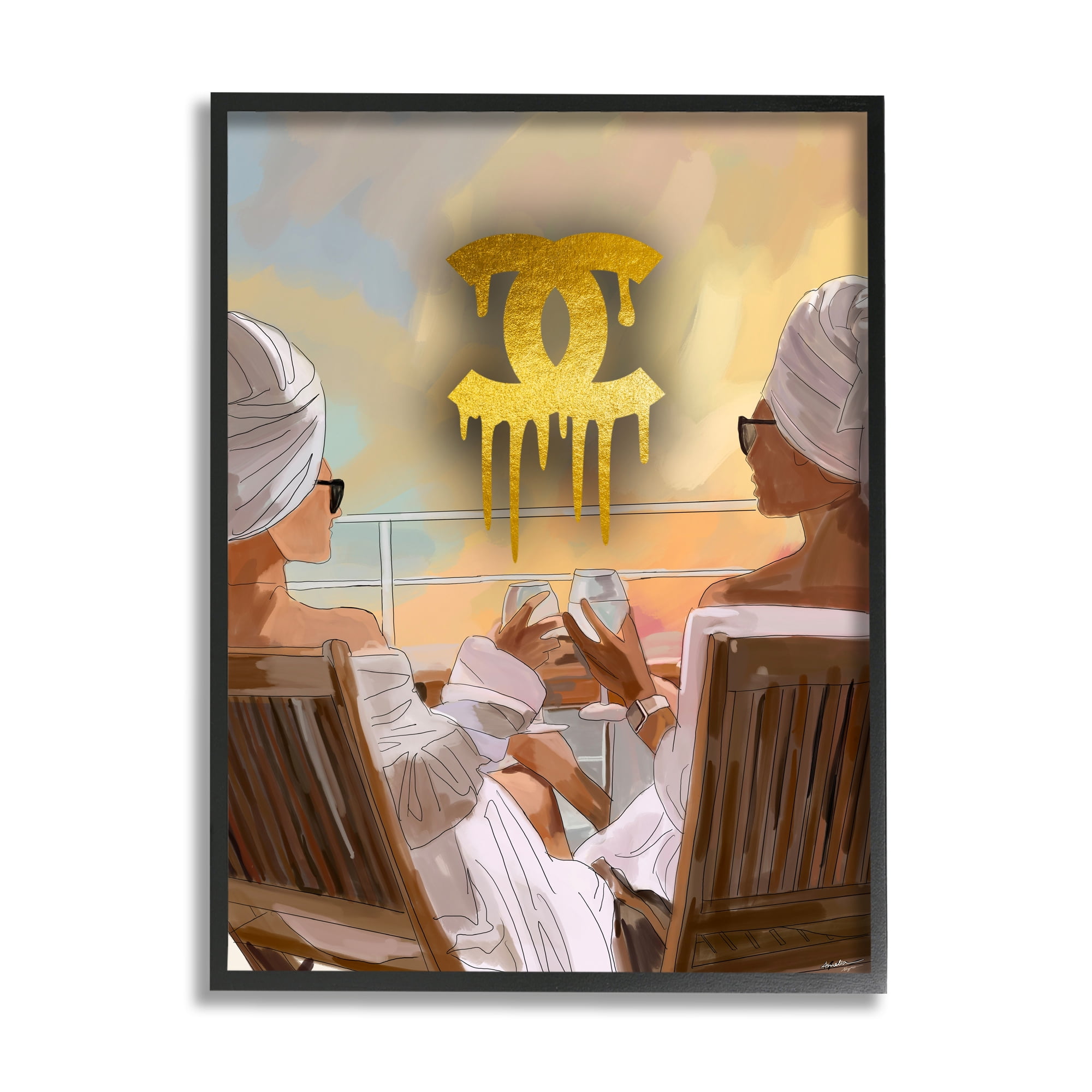 Stupell Industries Glam Girls & Wine Beauty & Fashion Painting Black Framed Art Print Wall Art, 24 x 30