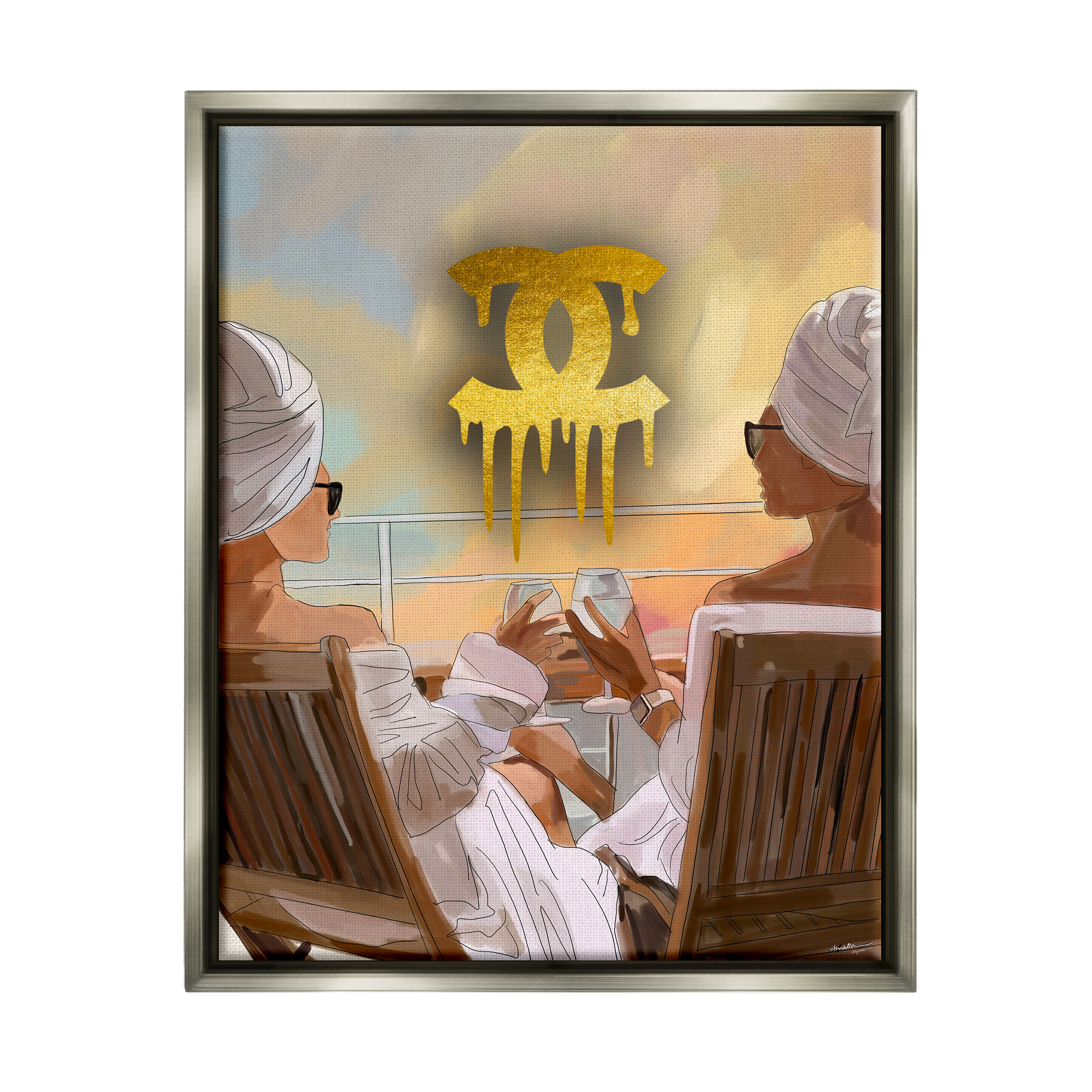Stupell Industries Glam Girls & Wine Beauty & Fashion Painting Gray Floater Framed Art Print Wall Art, 17 x 21