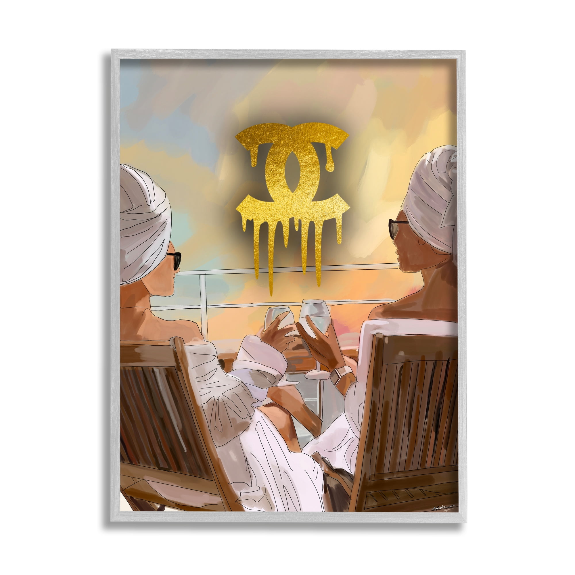 Stupell Industries Glam Girls & Wine Beauty & Fashion Painting Gray Framed Art Print Wall Art, 24 x 30