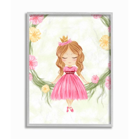 Stupell Industries Glam Girly Princess with Crown Soft Pink Floral Framed Wall Art Design by Ziwei Li, 11" x 14", Gray Framed