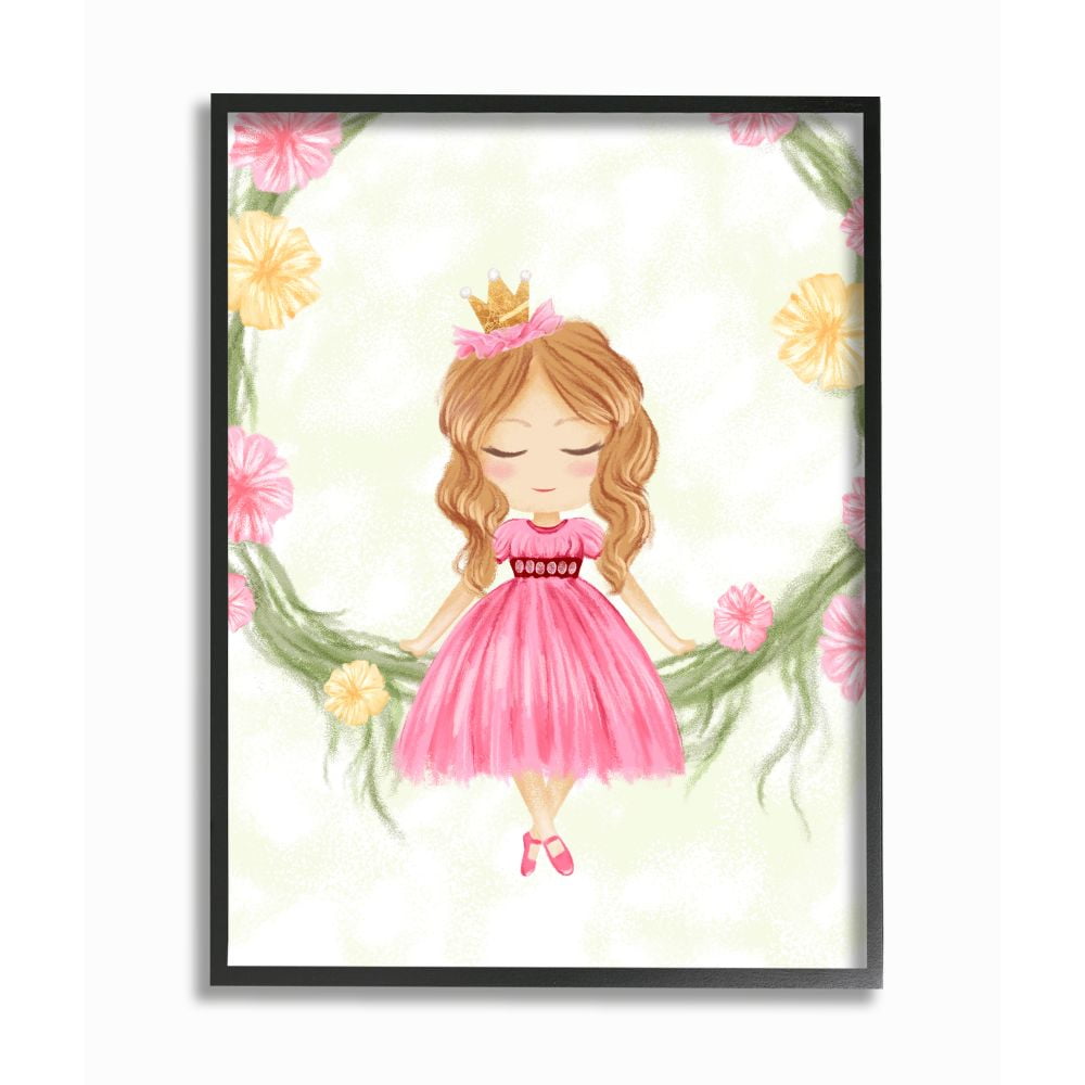 Stupell Industries Glam Girly Princess with Crown Soft Pink Floral Framed Wall Art Design by Ziwei Li, 16" x 20", Black Framed