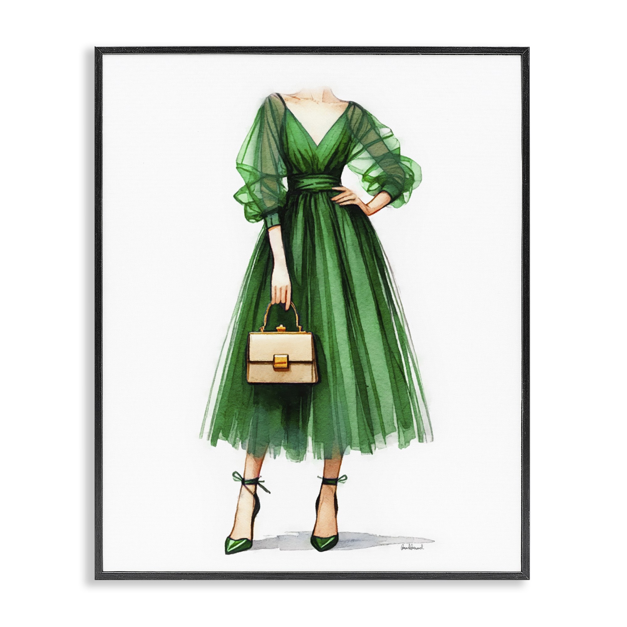Stupell Industries Glam Green Fashion Gown Fashion Painting Black Framed Art Print Wall Art, 16 x 20