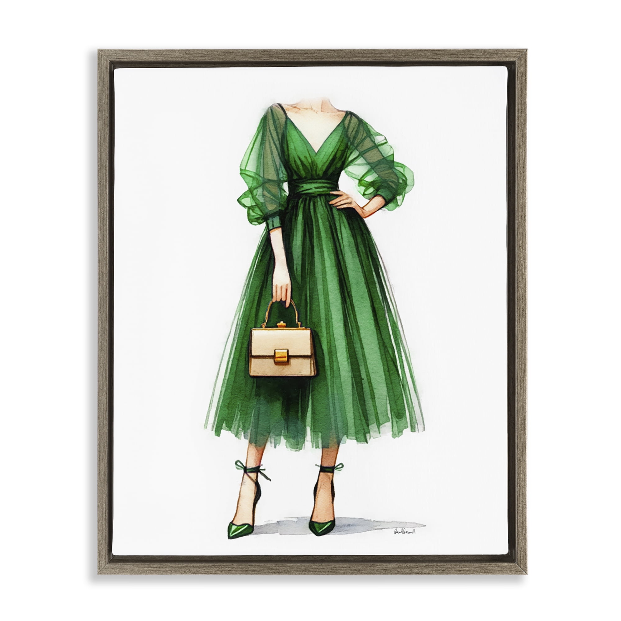 Stupell Industries Glam Green Fashion Gown Fashion Painting Brown Floater Framed Canvas Art Print Wall Art, 17 x 21