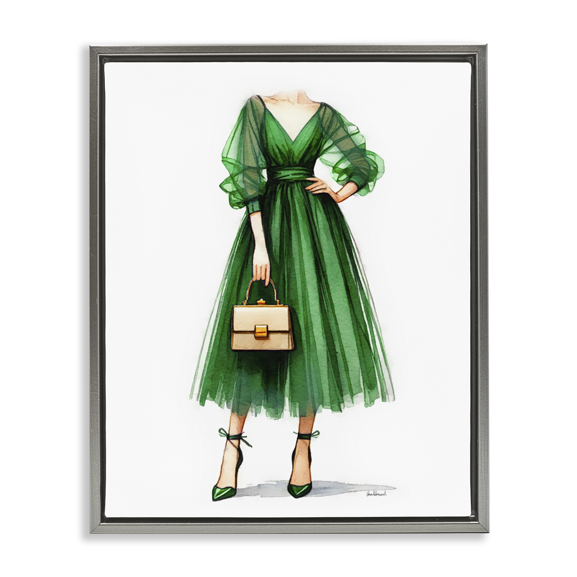 Stupell Industries Glam Green Fashion Gown Fashion Painting Gray Floater Framed Canvas Art Print Wall Art, 25 x 31