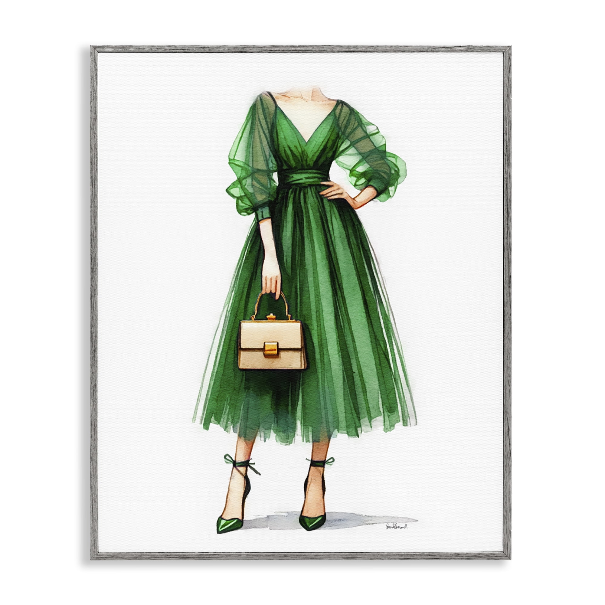 Stupell Industries Glam Green Fashion Gown Fashion Painting Gray Framed Art Print Wall Art, 11 x 14