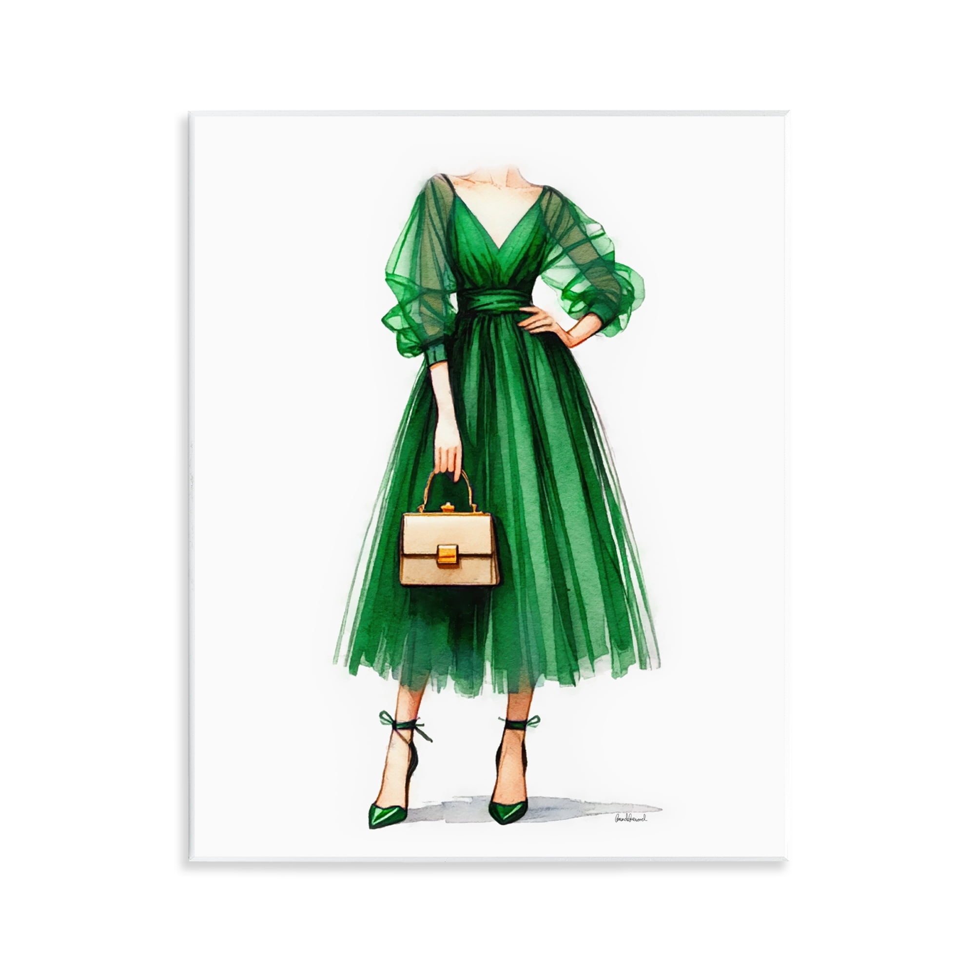 Stupell Industries Glam Green Fashion Gown Fashion Painting Unframed Art Print Wall Art, 11 x 14