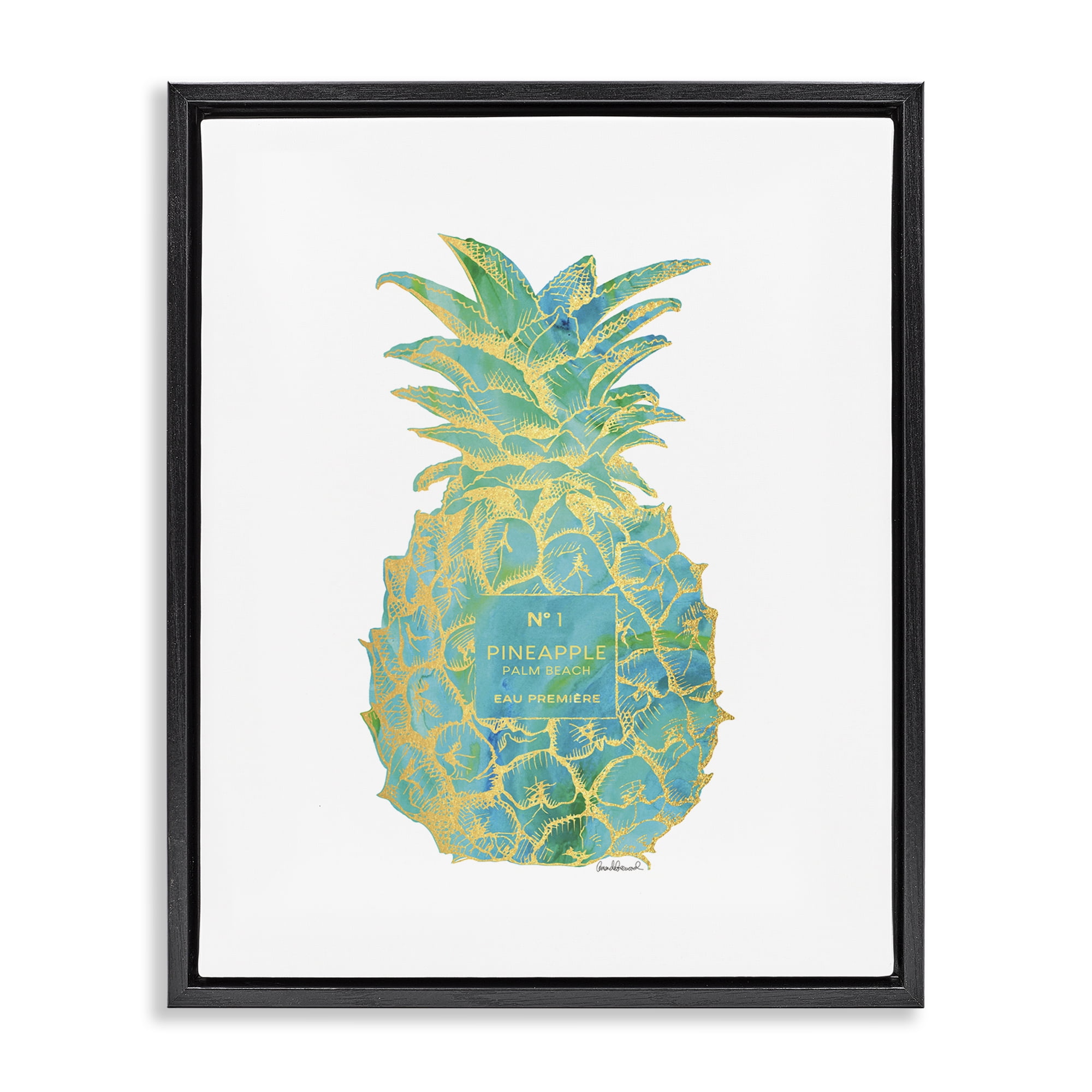 Stupell Industries Glam & Green Pineapple Food & Beverage Painting Black Floater Framed Canvas Art Print Wall Art, 17 x 21