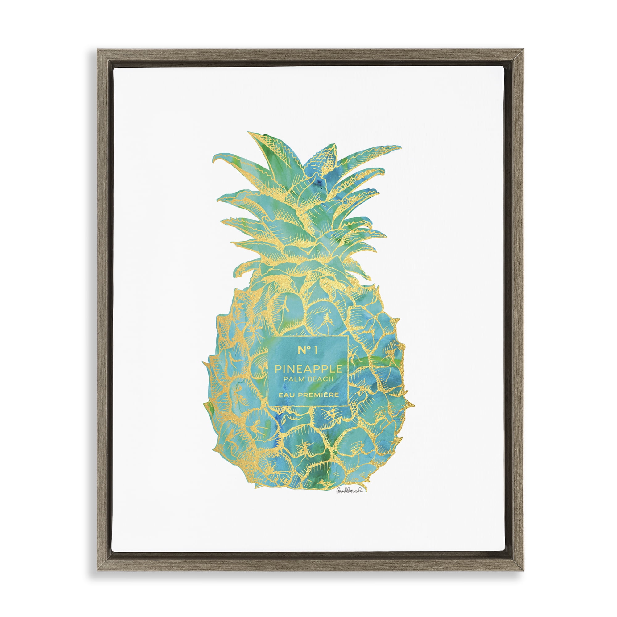 Stupell Industries Glam & Green Pineapple Food & Beverage Painting Brown Floater Framed Canvas Art Print Wall Art, 25 x 31
