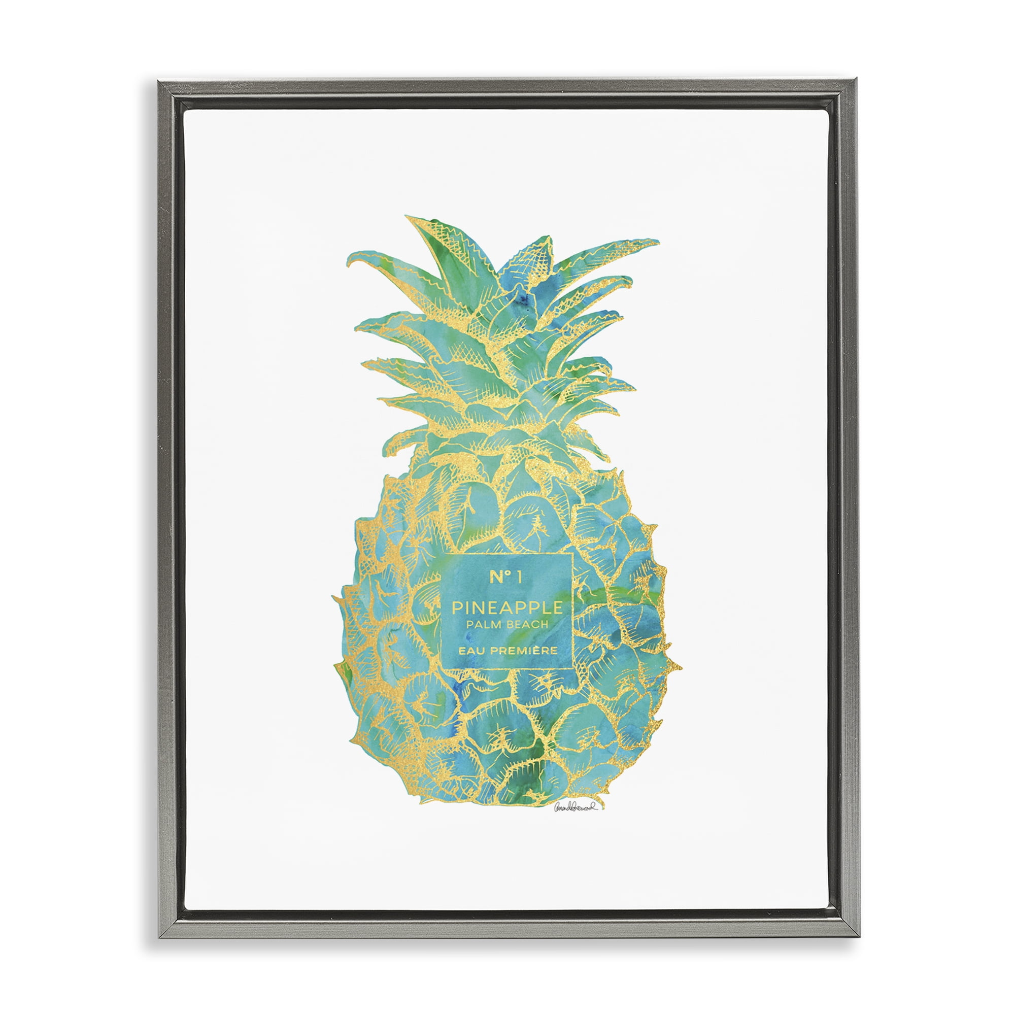 Stupell Industries Glam & Green Pineapple Food & Beverage Painting Gray Floater Framed Canvas Art Print Wall Art, 17 x 21