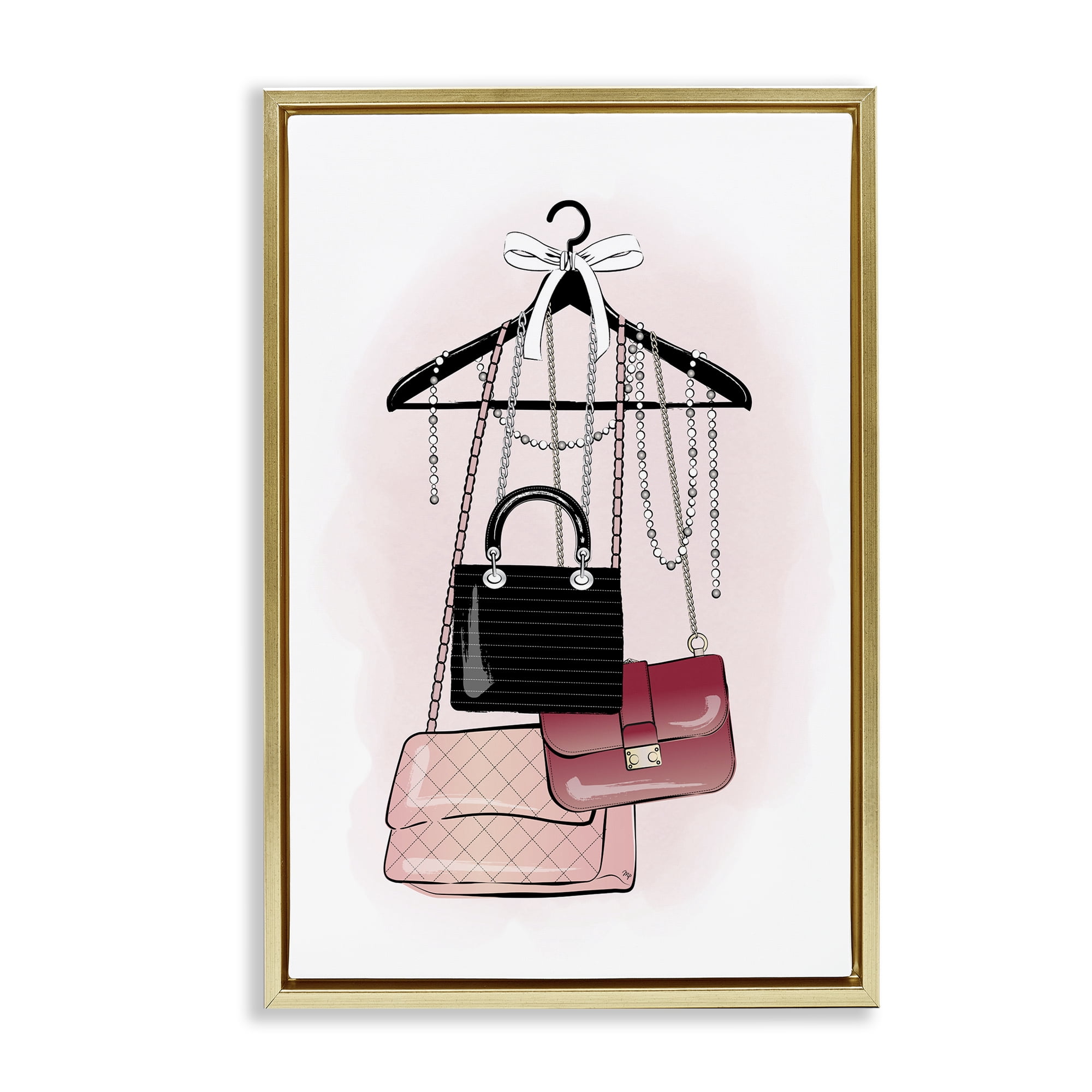 Stupell Industries Glam Handbags Hanging Beauty & Fashion Painting Gold Floater Framed Art Print Wall Art, 21 x 31