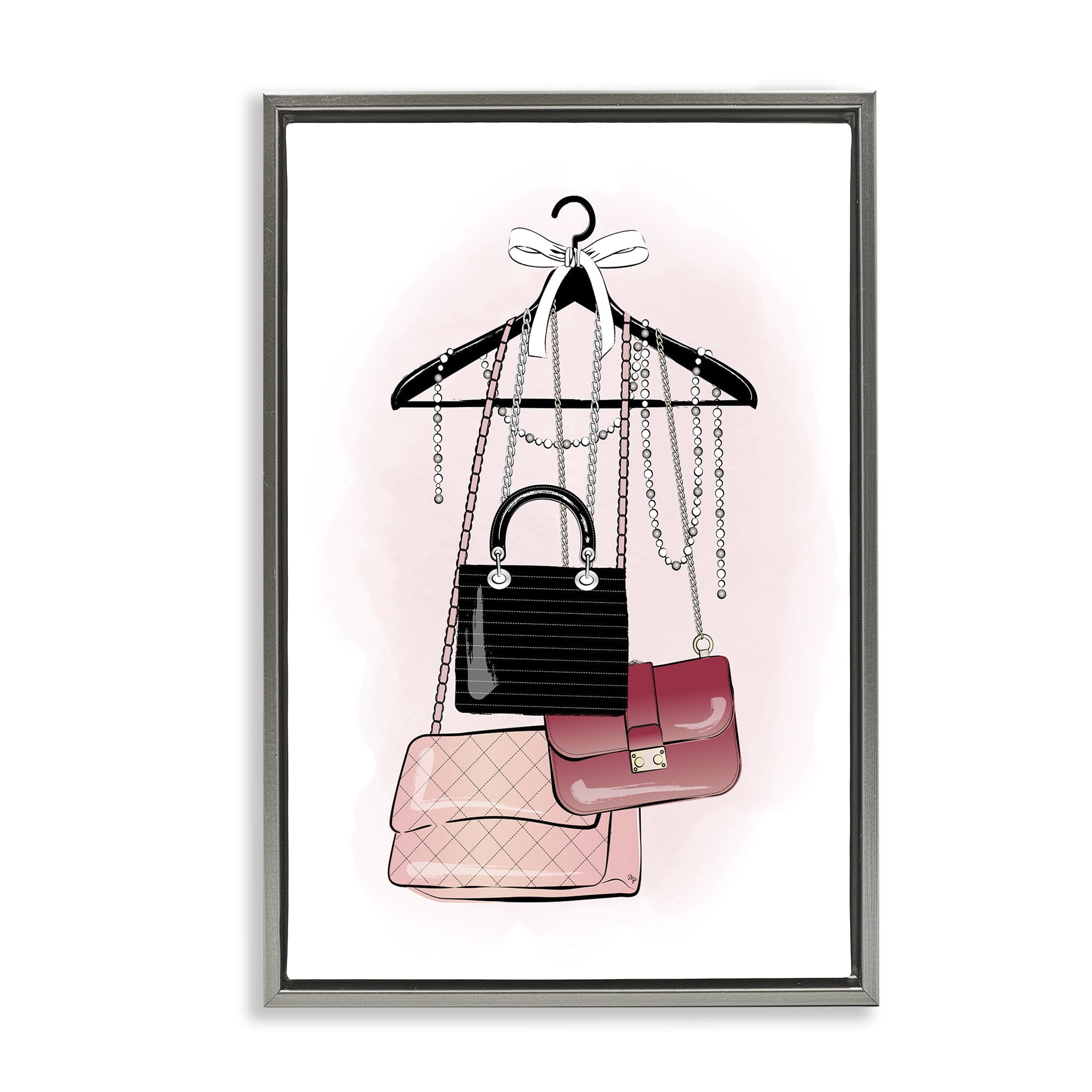 Stupell Industries Glam Handbags Hanging Beauty & Fashion Painting Gray Floater Framed Art Print Wall Art, 21 x 31