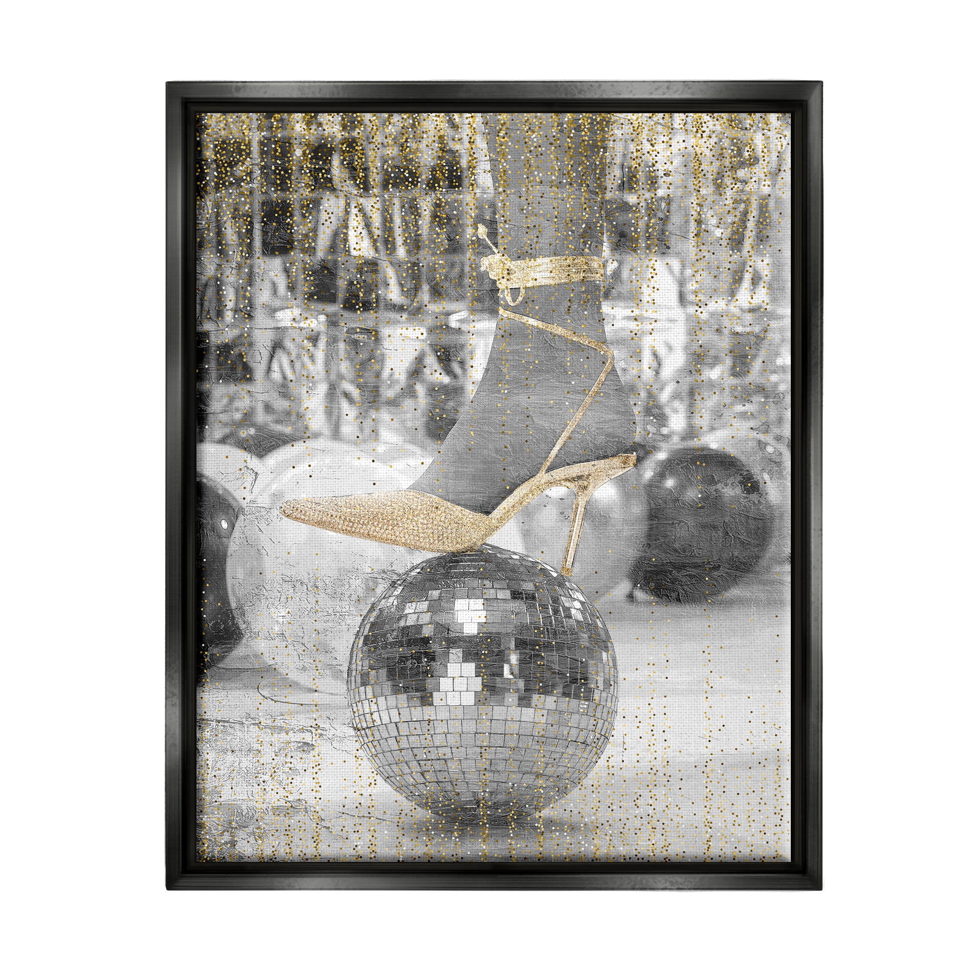 Stupell Industries Glam Heels Disco Ball Performing Arts Painting Black Floater Framed Canvas Art Print Wall Art, 25 x 31