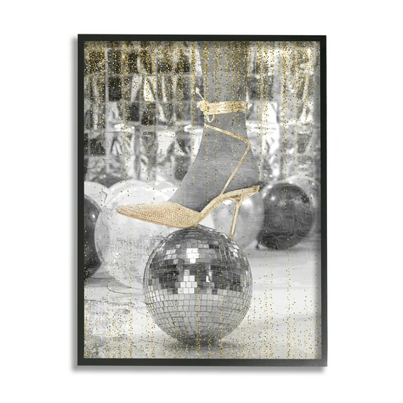 Stupell Industries Glam Heels Disco Ball Performing Arts Painting Black Framed Art Print Wall Art, 16 x 20