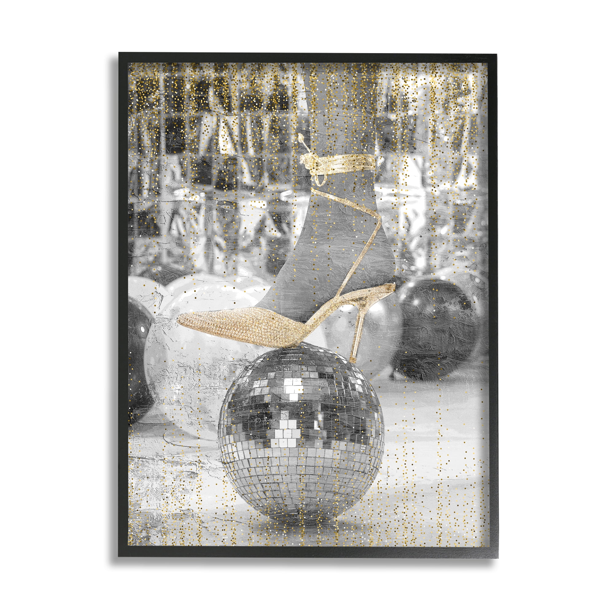 Stupell Industries Glam Heels Disco Ball Performing Arts Painting Black Framed Art Print Wall Art, 24 x 30