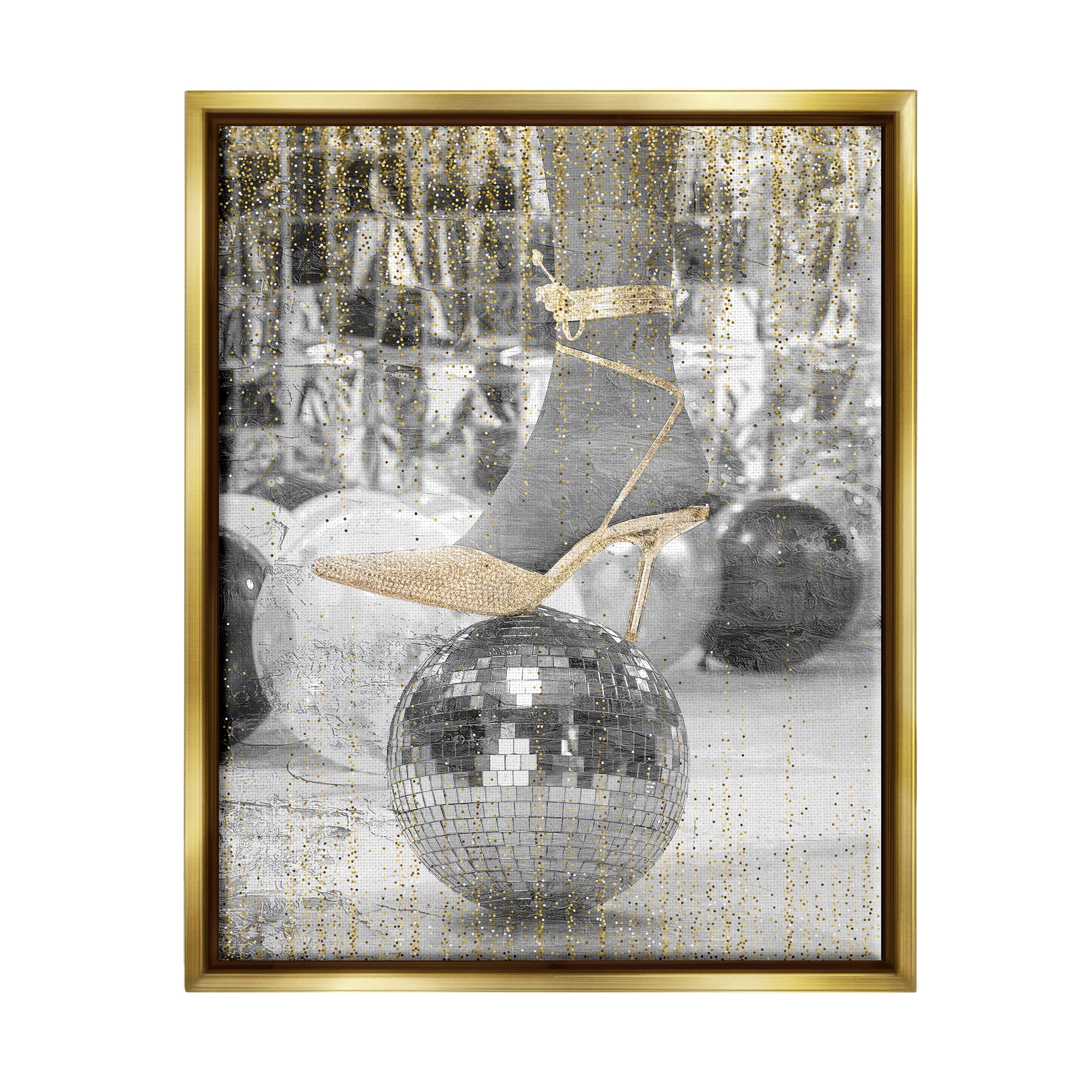 Stupell Industries Glam Heels Disco Ball Performing Arts Painting Gold Floater Framed Canvas Art Print Wall Art, 17 x 21