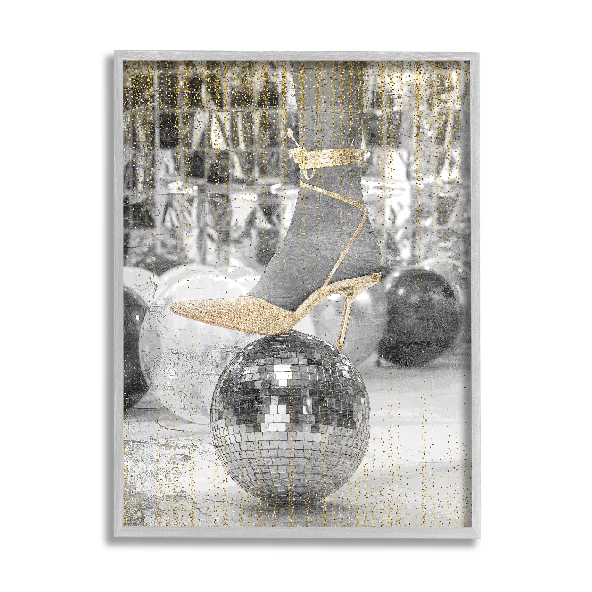 Stupell Industries Glam Heels Disco Ball Performing Arts Painting Gray Framed Art Print Wall Art, 11 x 14