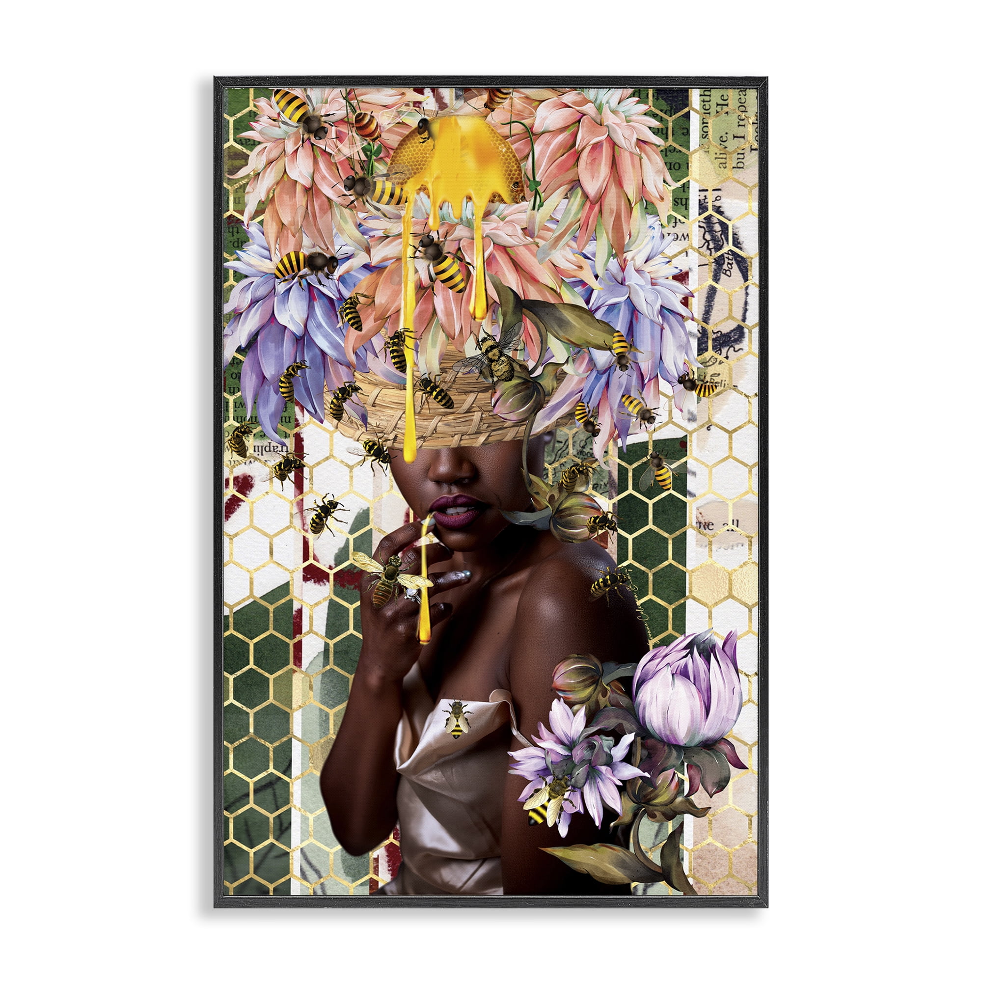 Stupell Industries Glam & Honeycomb Queen Bee Abstract Painting Black Framed Art Print Wall Art, 20 x 30