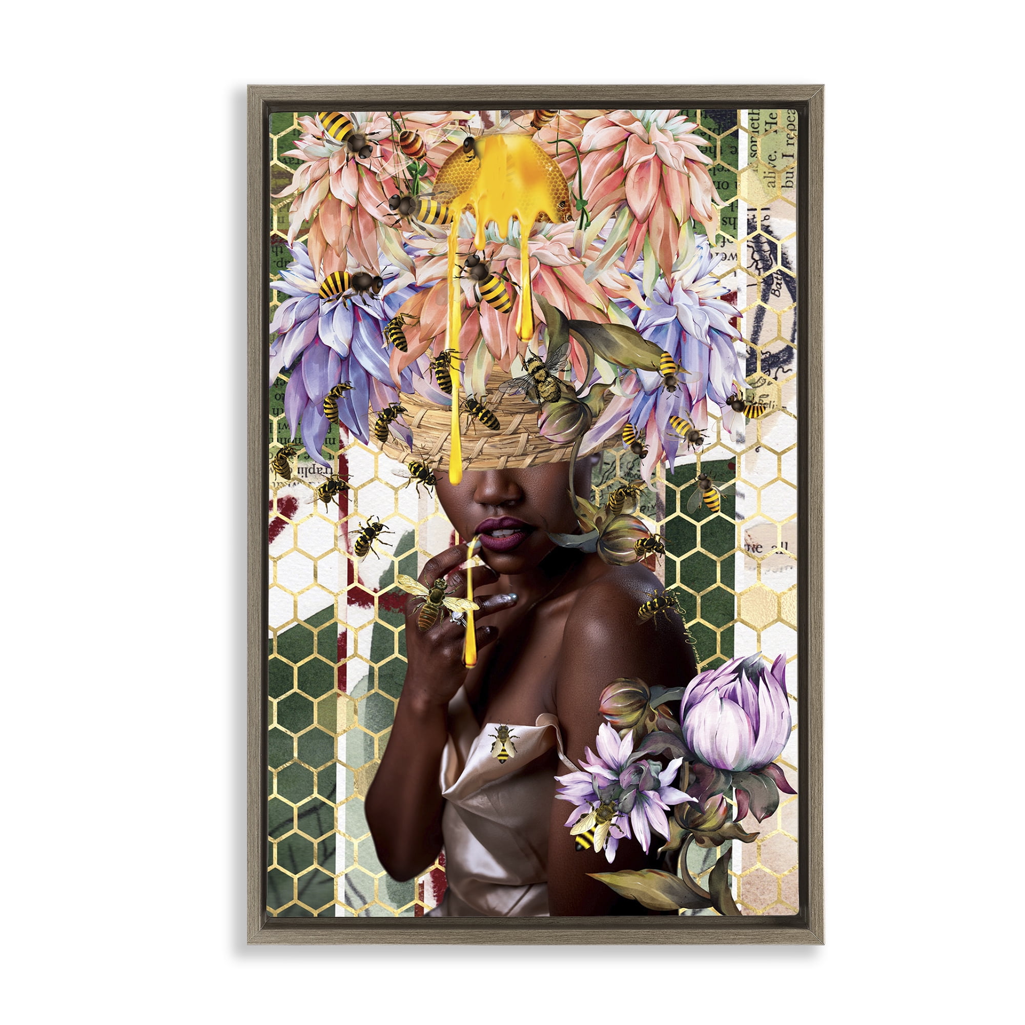 Stupell Industries Glam & Honeycomb Queen Bee Abstract Painting Brown Floater Framed Canvas Art Print Wall Art, 21 x 31