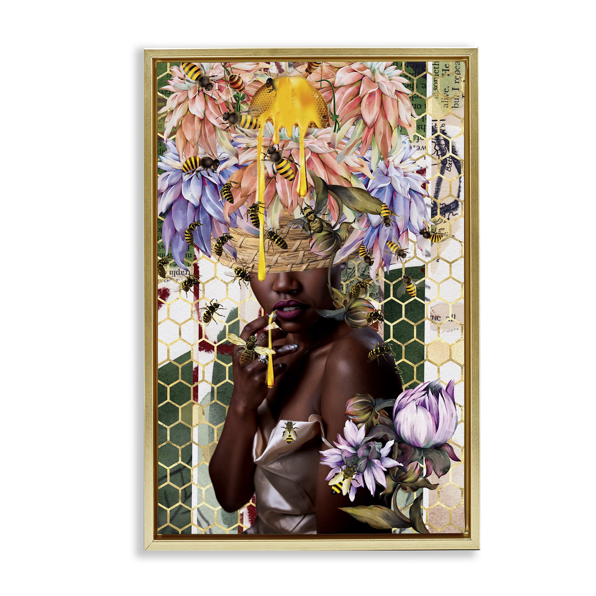 Stupell Industries Glam & Honeycomb Queen Bee Abstract Painting Gold Floater Framed Canvas Art Print Wall Art, 21 x 31