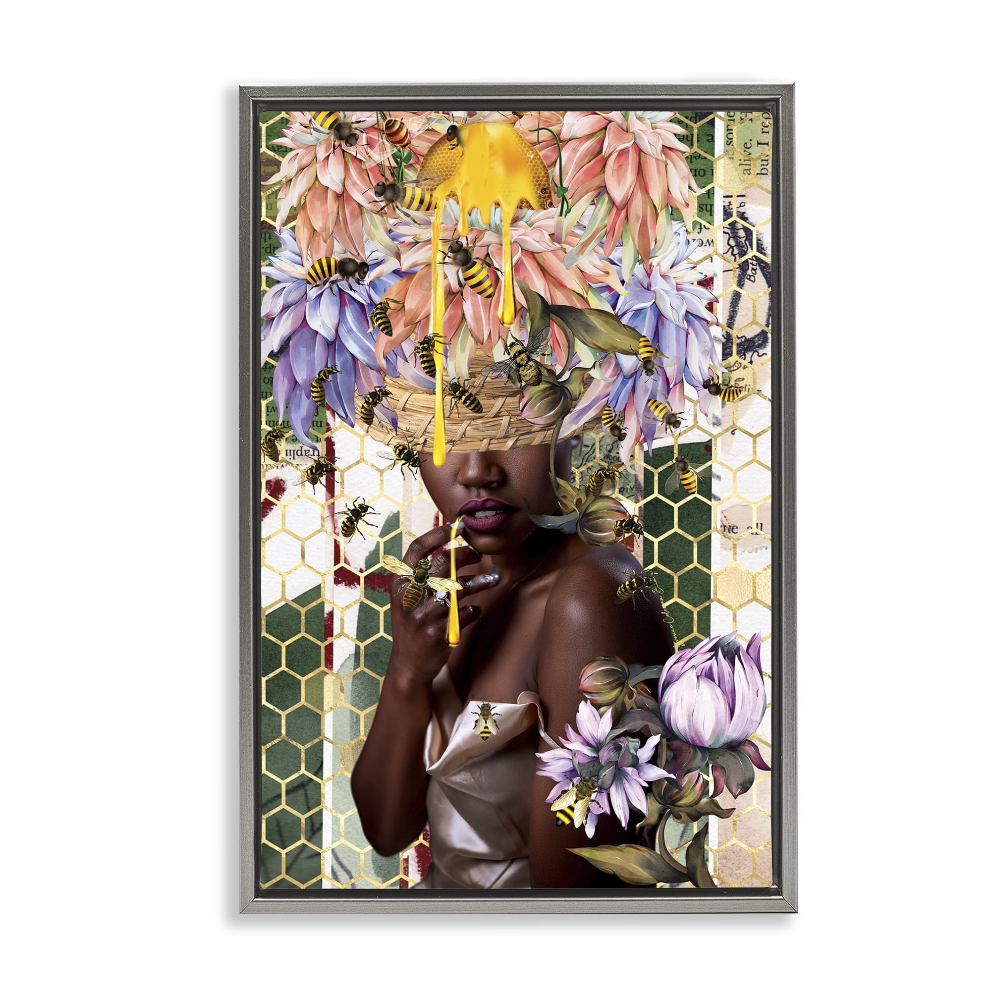 Stupell Industries Glam & Honeycomb Queen Bee Abstract Painting Gray Floater Framed Canvas Art Print Wall Art, 17 x 25