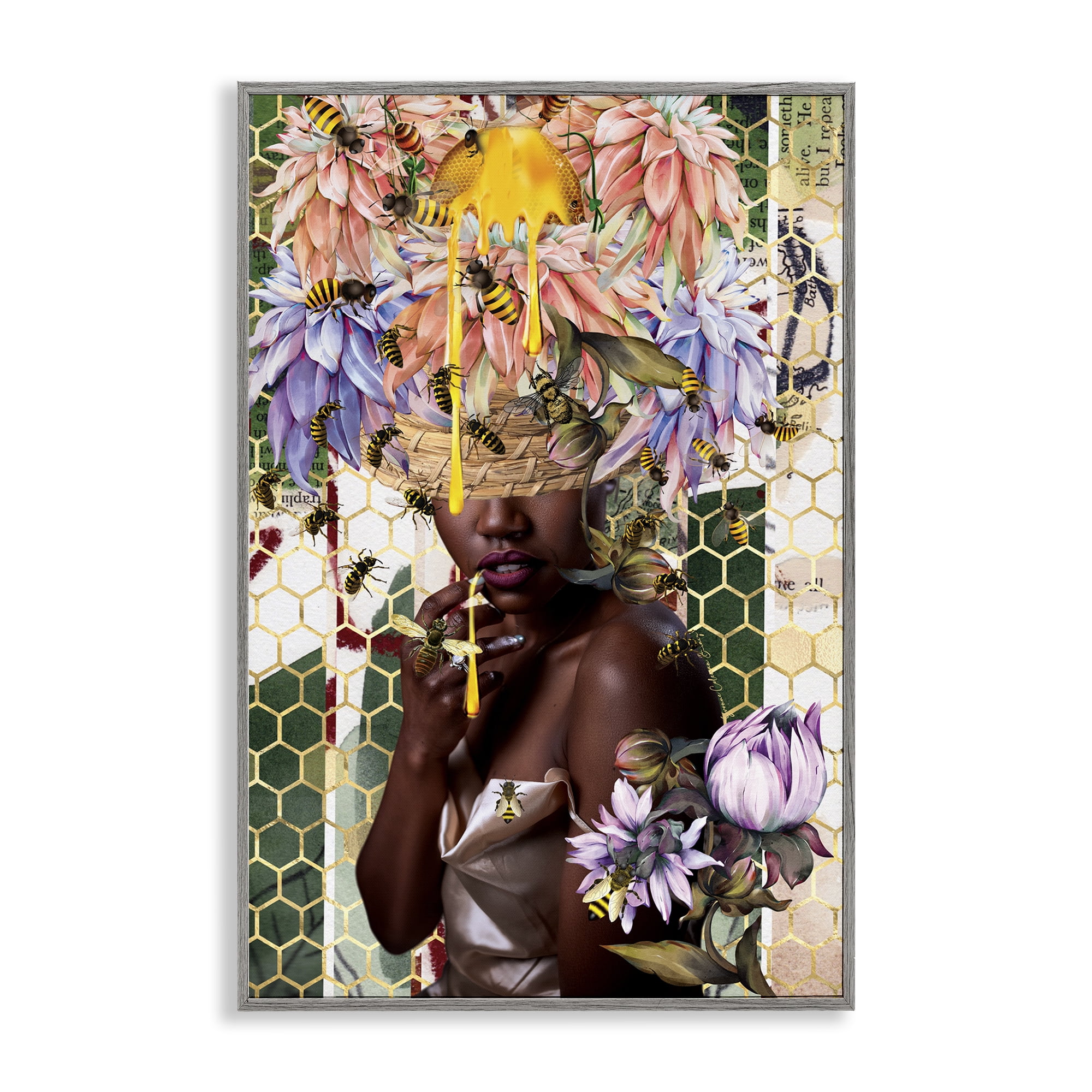 Stupell Industries Glam & Honeycomb Queen Bee Abstract Painting Gray Framed Art Print Wall Art, 12 x 18