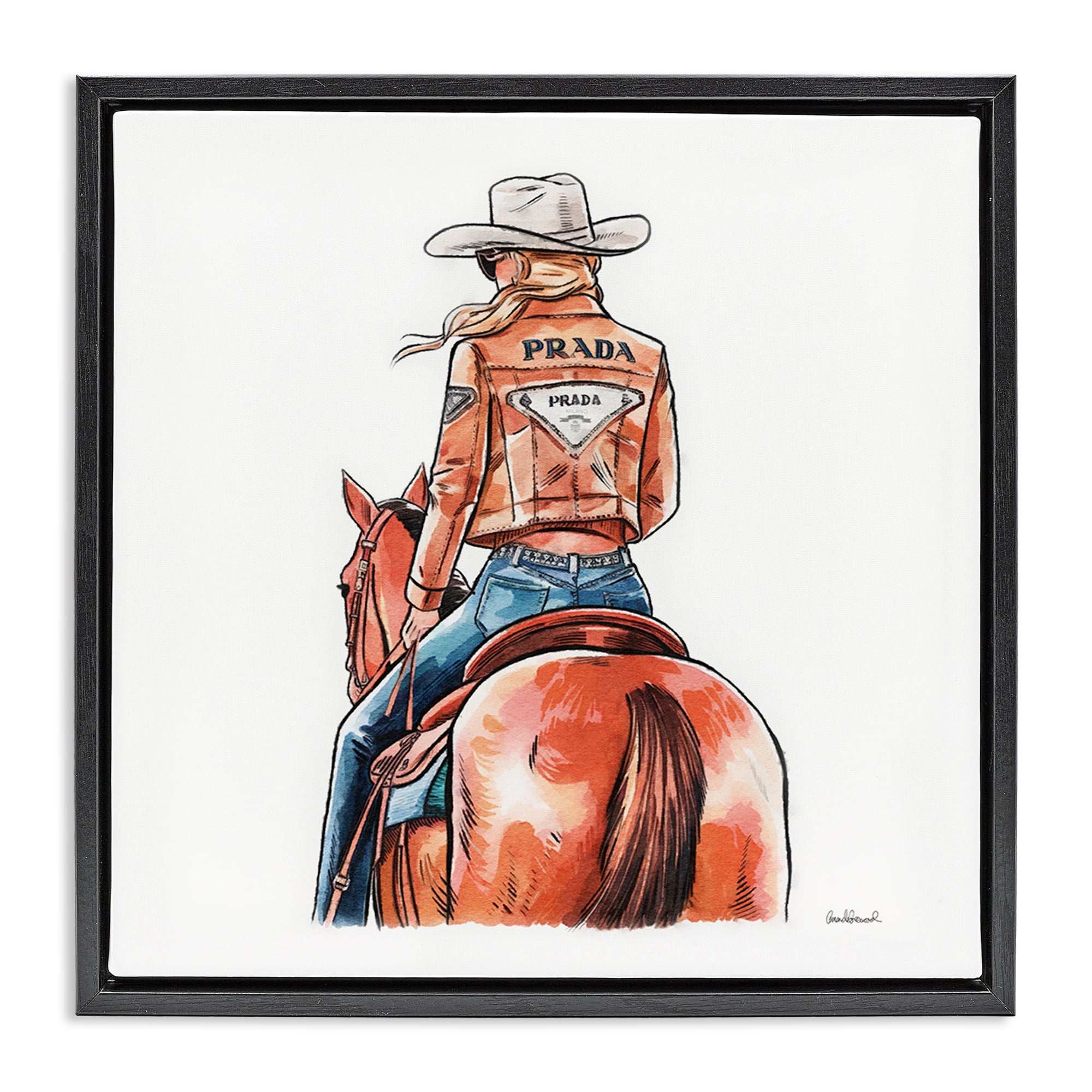 Stupell Industries Glam Jacket Cowgirl & Horse People Painting Black Floater Framed Canvas Art Print Wall Art, 18 x 18