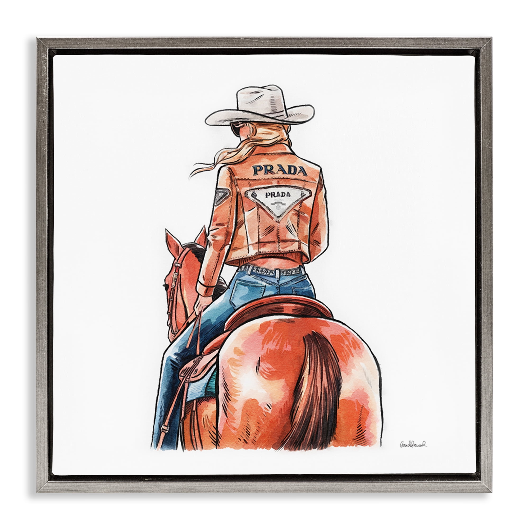 Stupell Industries Glam Jacket Cowgirl & Horse People Painting Gray Floater Framed Canvas Art Print Wall Art, 25 x 25