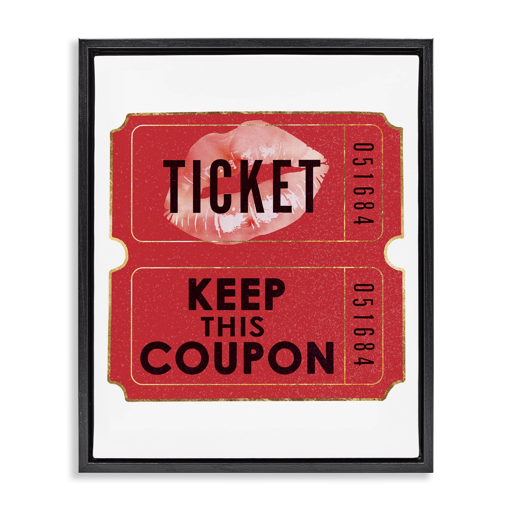 Stupell Industries Glam Kiss Ticket Novelty Painting Black Floater Framed Art Print Wall Art, 17 x 21