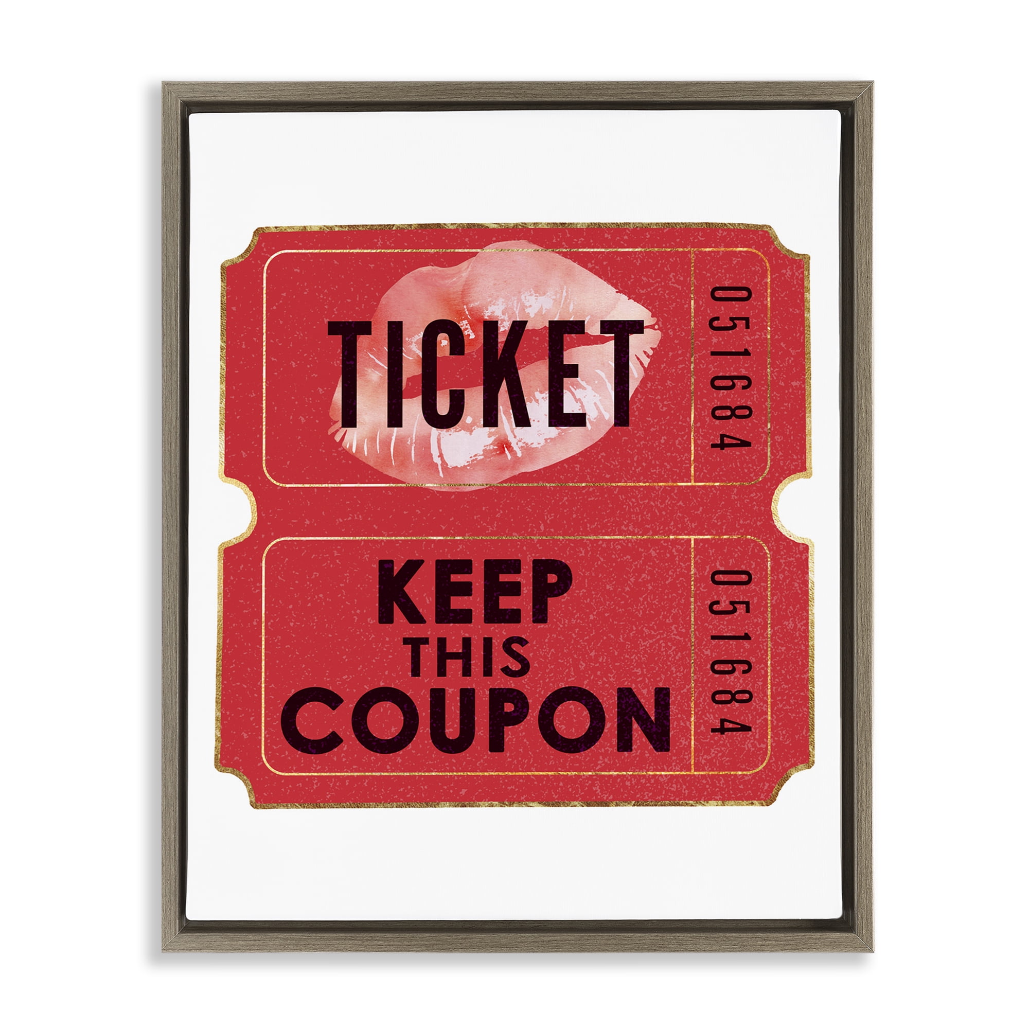 Stupell Industries Glam Kiss Ticket Novelty Painting Brown Floater Framed Art Print Wall Art, 25 x 31