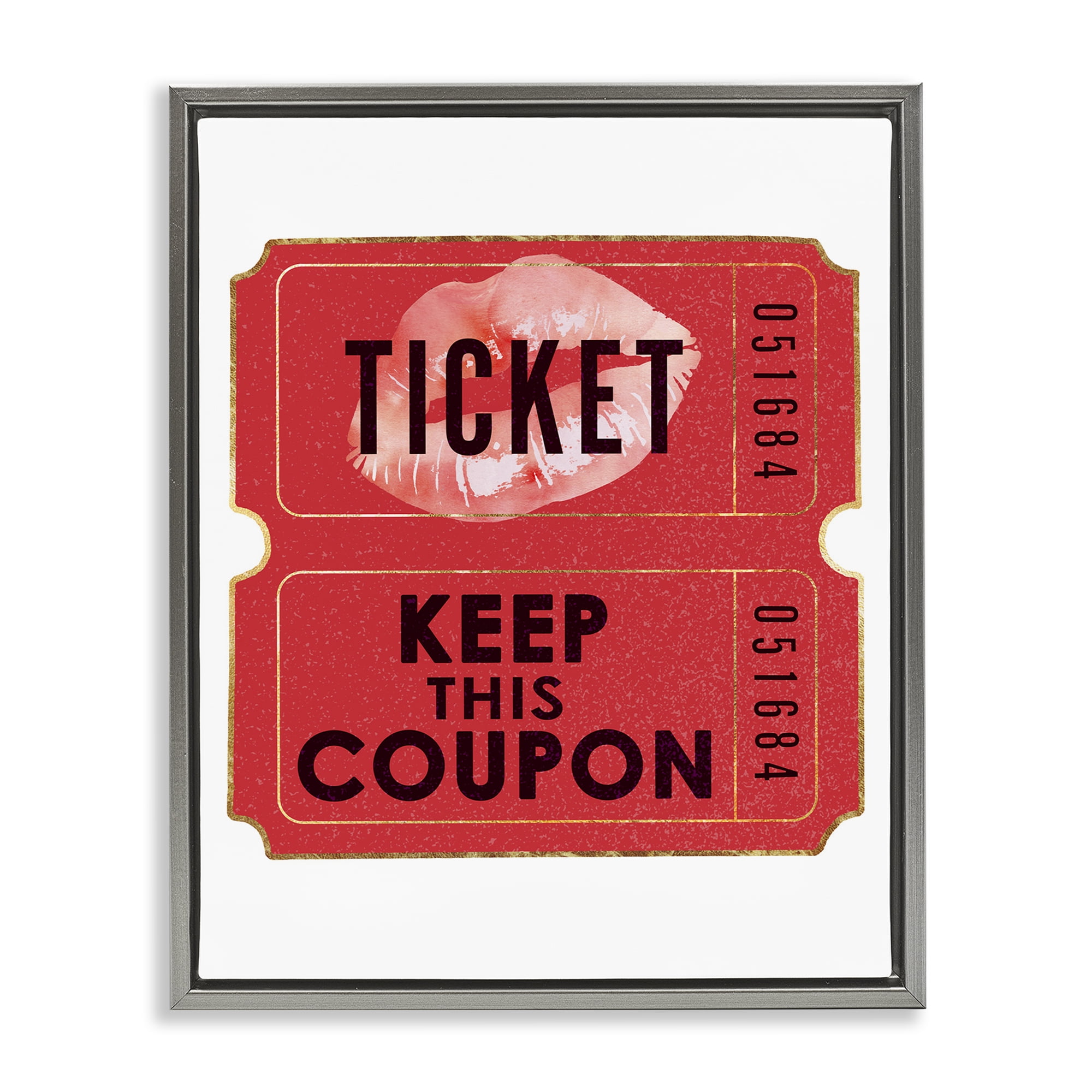 Stupell Industries Glam Kiss Ticket Novelty Painting Gray Floater Framed Art Print Wall Art, 25 x 31