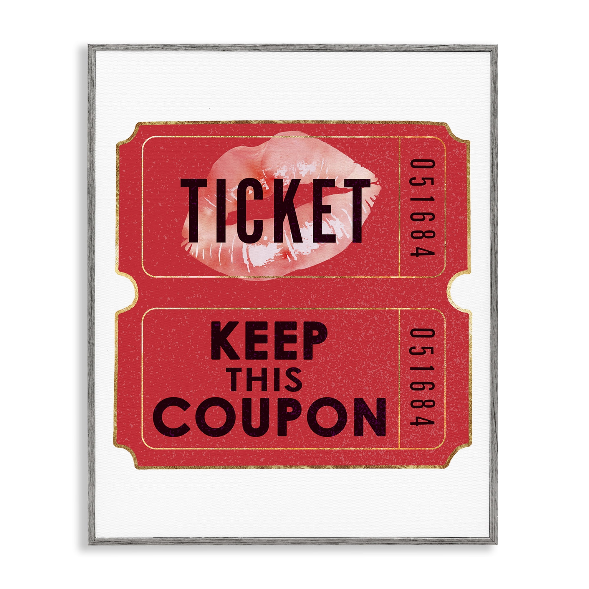 Stupell Industries Glam Kiss Ticket Novelty Painting Gray Framed Art Print Wall Art, 11 x 14