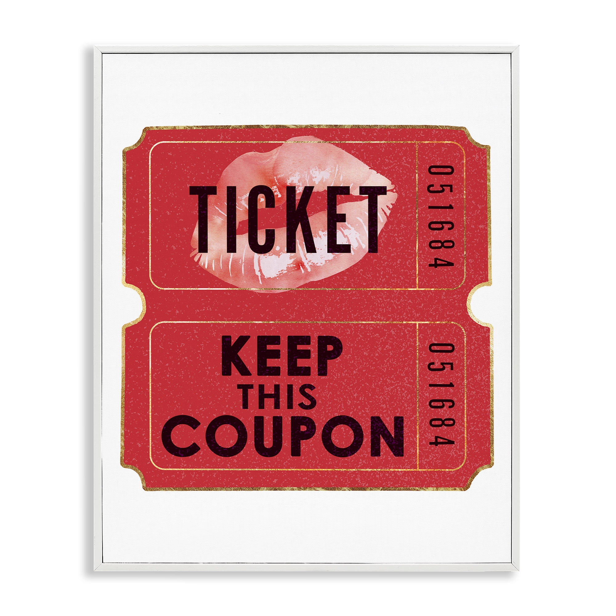 Stupell Industries Glam Kiss Ticket Novelty Painting White Framed Art Print Wall Art, 16 x 20
