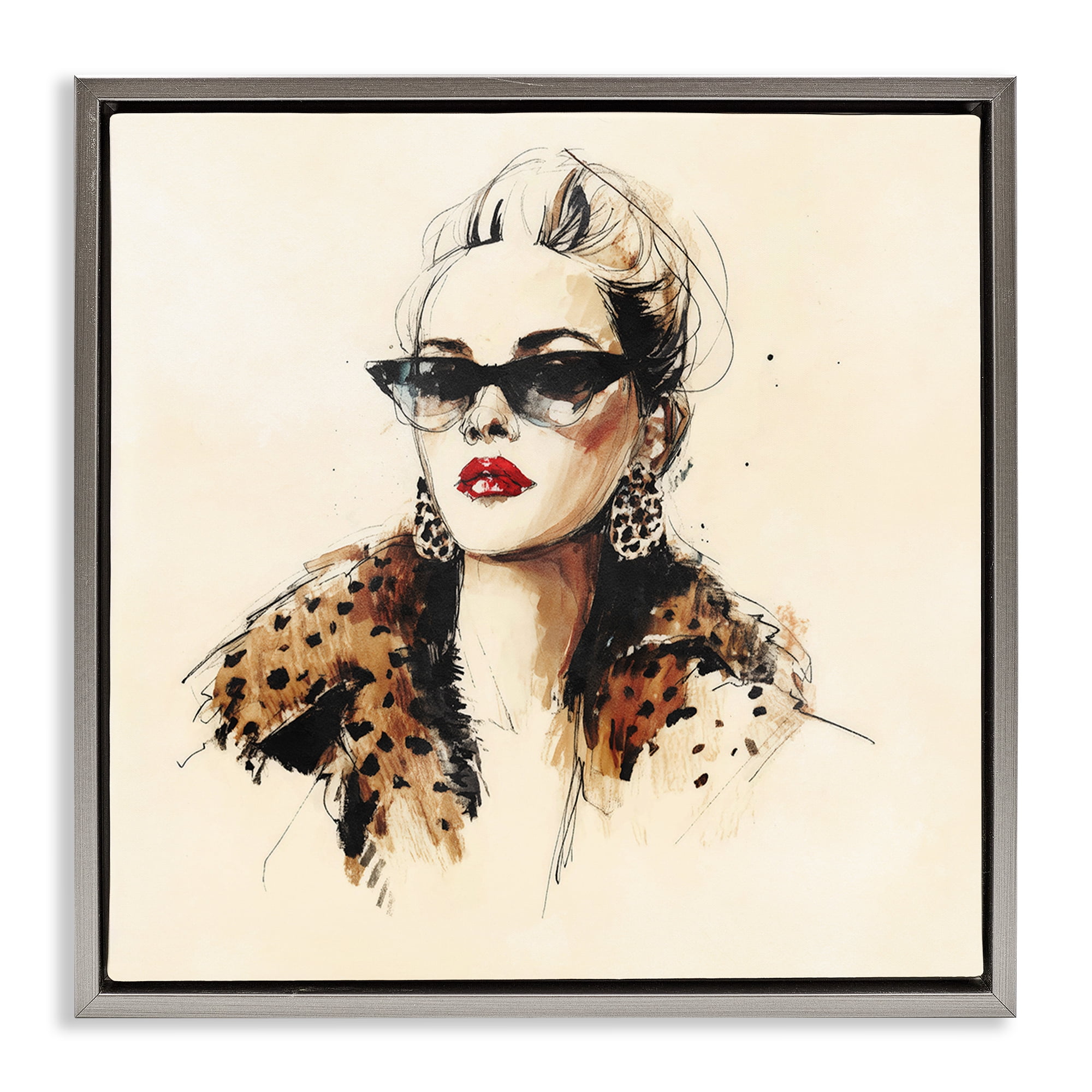 Stupell Industries Glam Leopard Sonata Portrait Gray Framed Floater Canvas Wall Art, design by Svetlana Aleynikova
