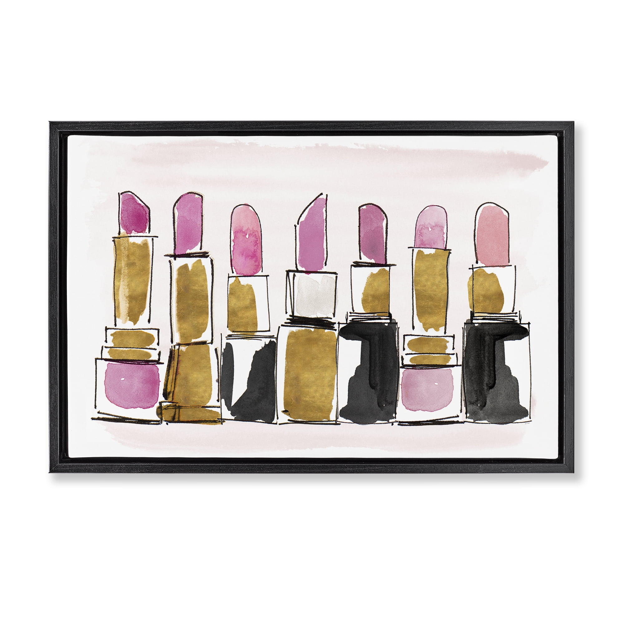 Stupell Industries Glam Lipstick Doodle Fashion Painting Black Floater Framed Canvas Art Print Wall Art, 25 x 17