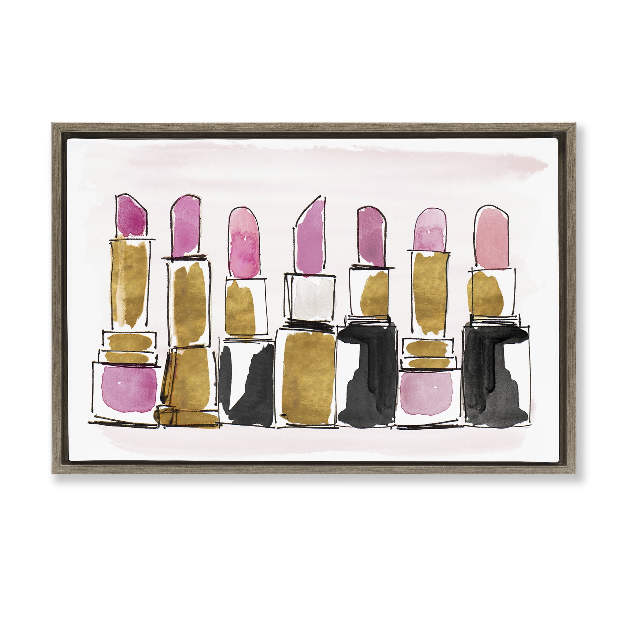 Stupell Industries Glam Lipstick Doodle Fashion Painting Brown Floater Framed Canvas Art Print Wall Art, 25 x 17