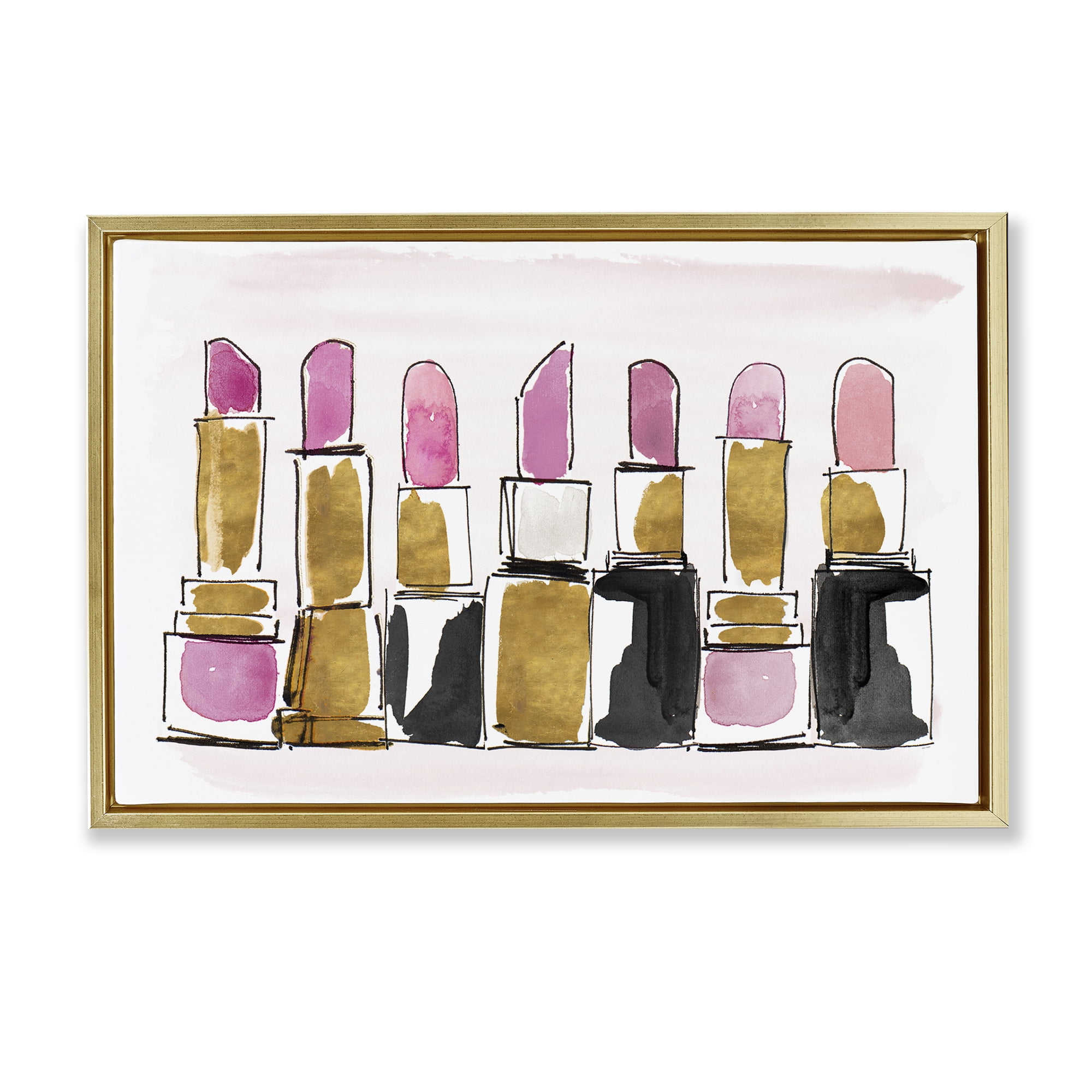 Stupell Industries Glam Lipstick Doodle Fashion Painting Gold Floater Framed Canvas Art Print Wall Art, 31 x 21