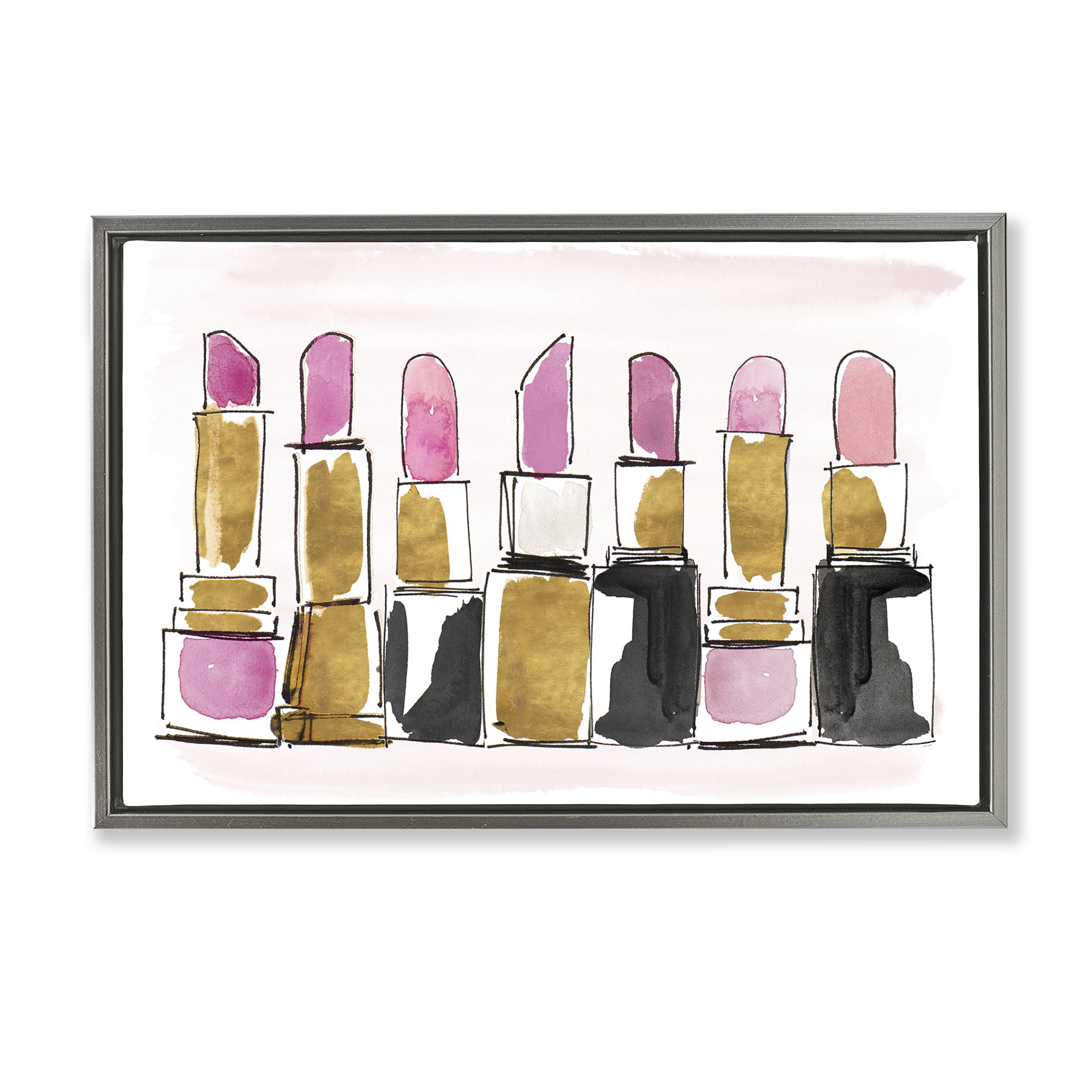 Stupell Industries Glam Lipstick Doodle Fashion Painting Gray Floater Framed Canvas Art Print Wall Art, 31 x 21