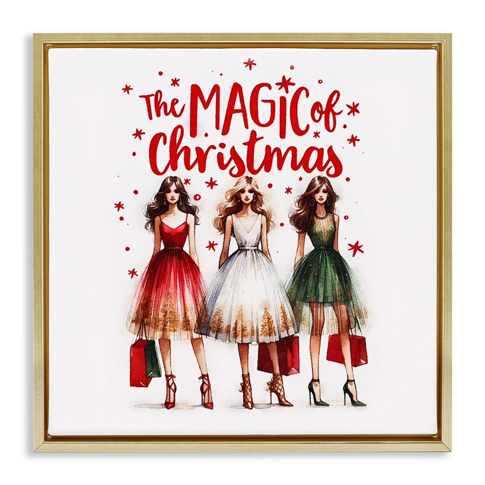 Stupell Industries Glam Magic Of Christmas Holiday Painting Gold Floater Framed Canvas Art Prints Wall Art, 18 x 18