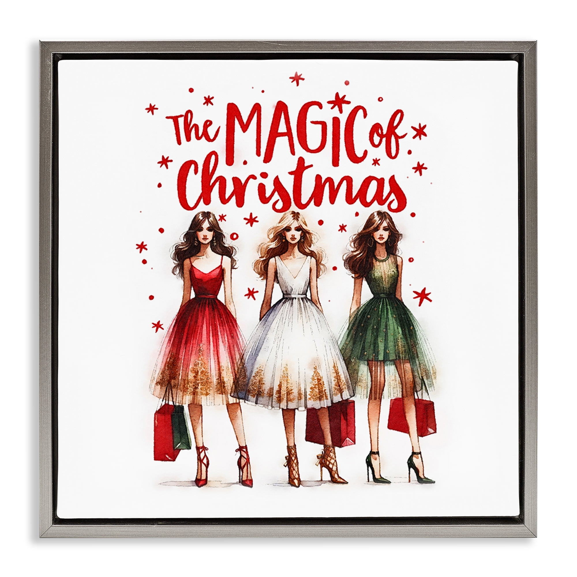 Stupell Industries Glam Magic Of Christmas Holiday Painting Gray Floater Framed Canvas Art Prints Wall Art, 25 x 25