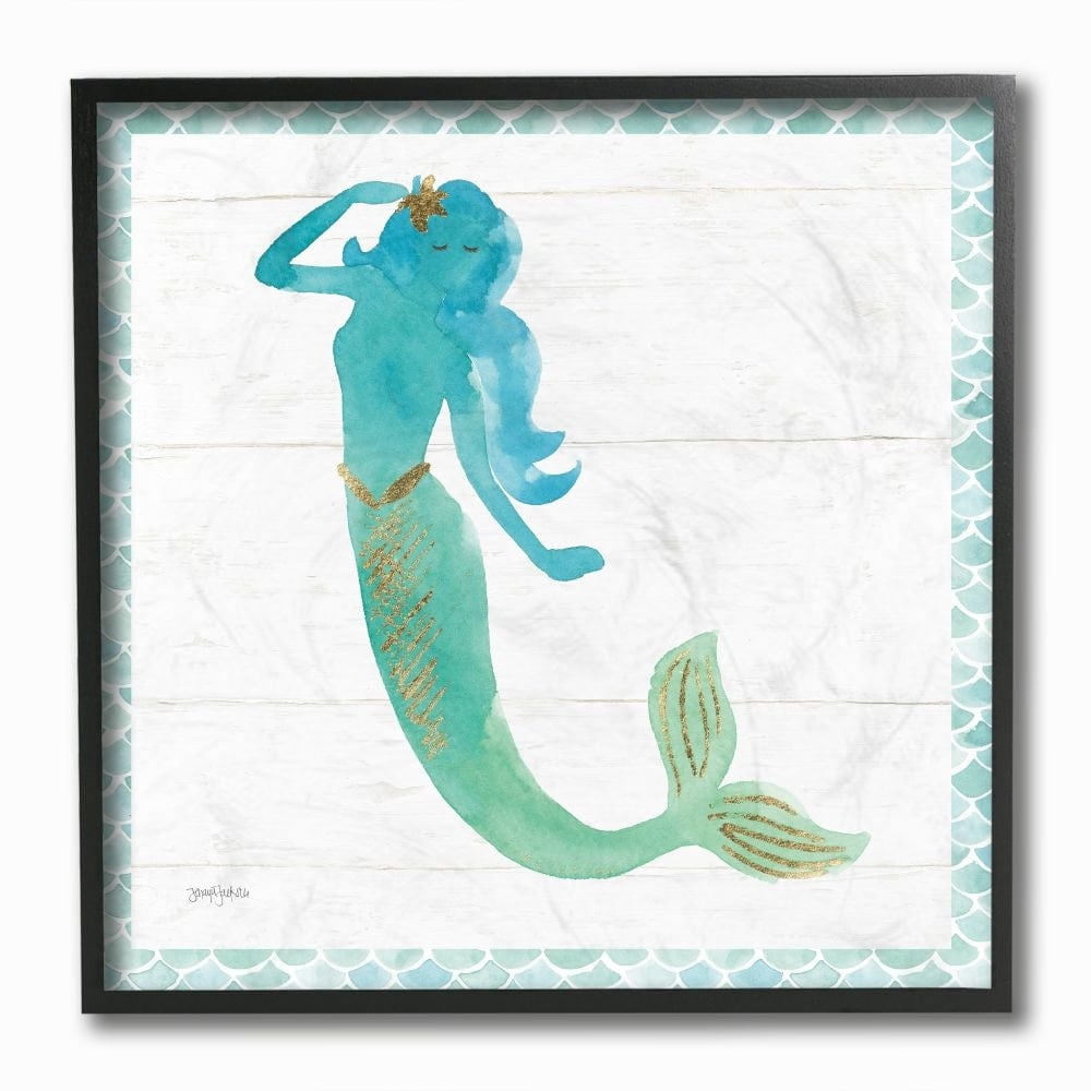 Stupell Industries Glam Mermaid Gold Sparkle Blue Green Watercolor Framed Wall Art Design by Jenya Jackson, 12" x 12", Black Framed