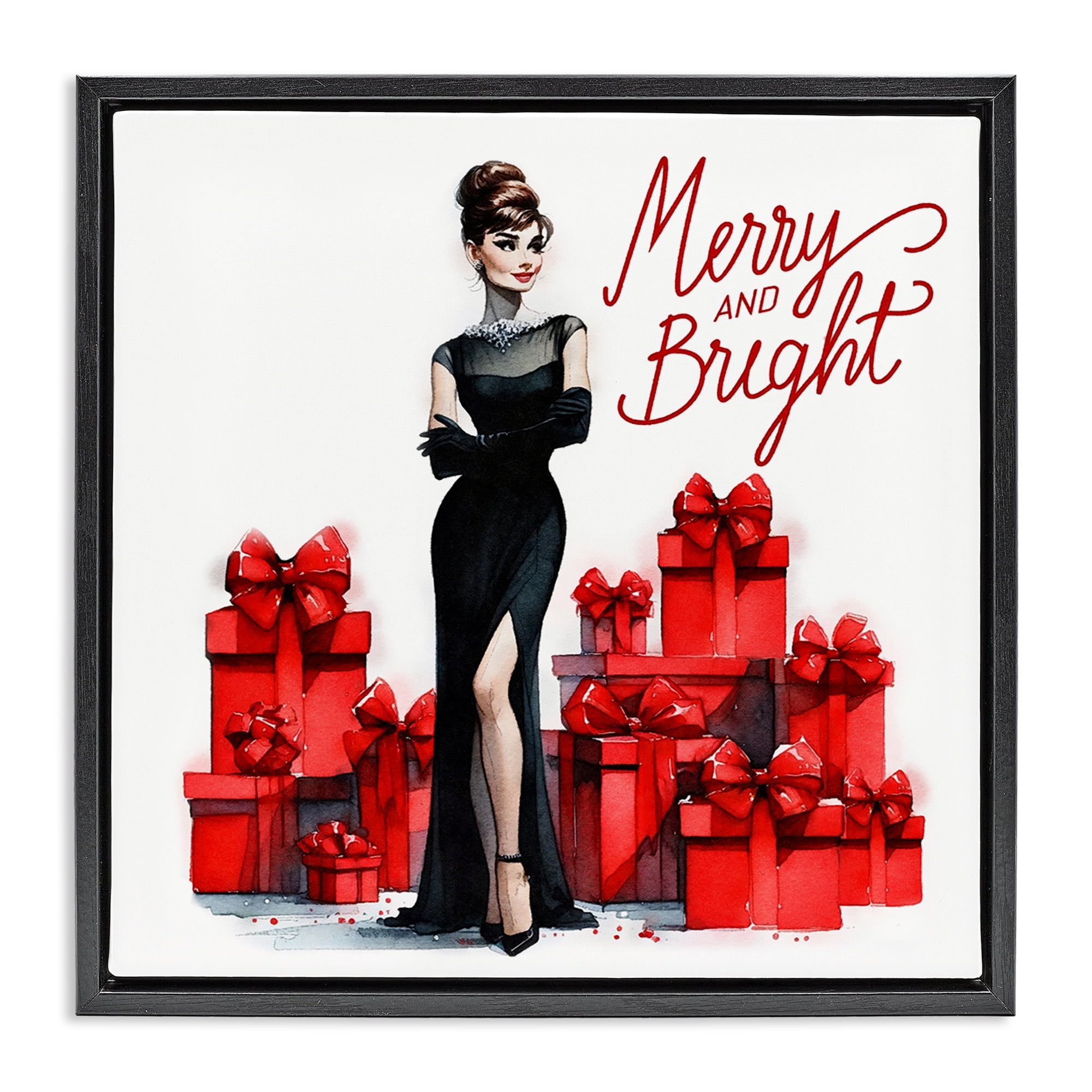 Stupell Industries Glam Merry & Bright Holiday Painting Black Floater Framed Canvas Art Prints Wall Art, 18 x 18