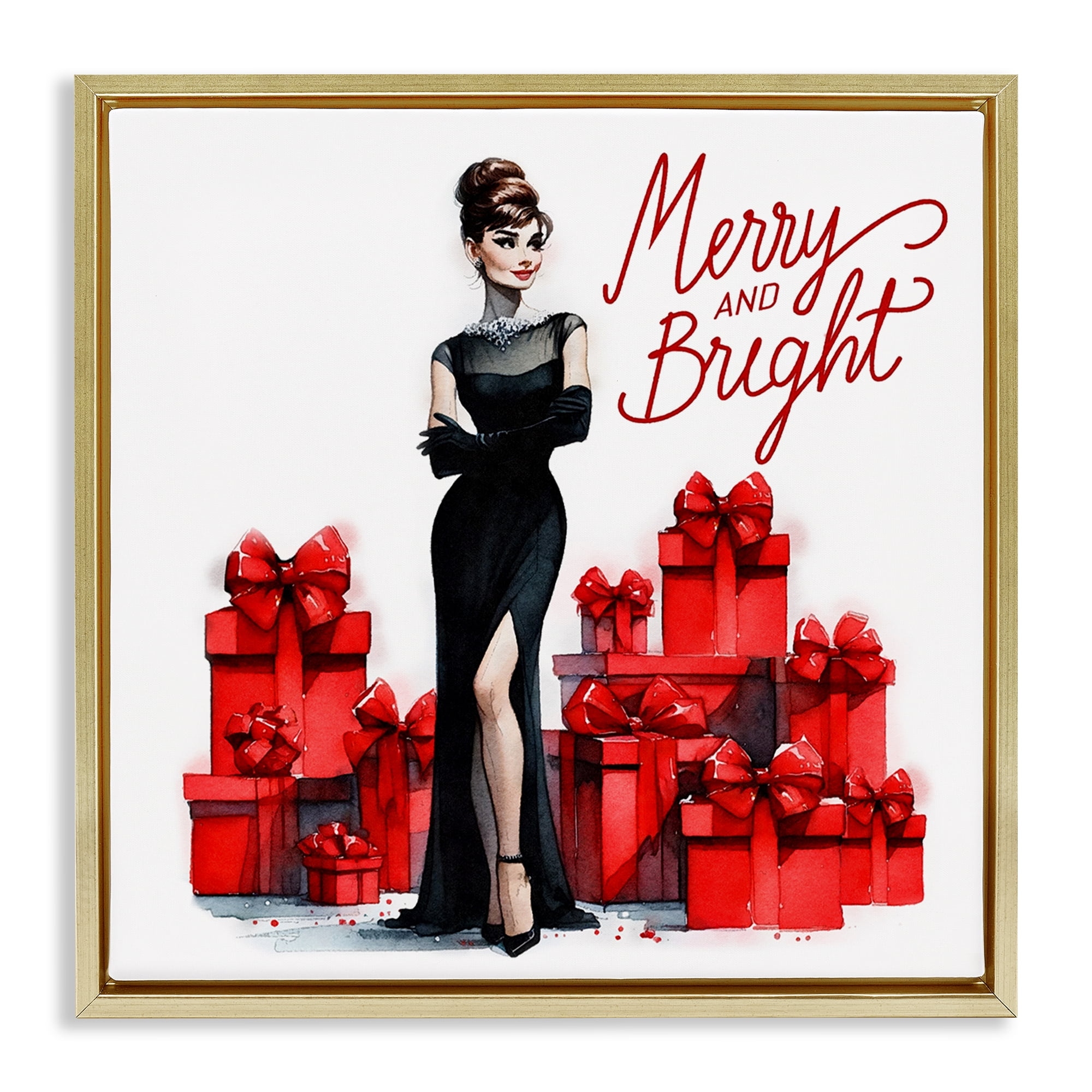 Stupell Industries Glam Merry & Bright Holiday Painting Gold Floater Framed Canvas Art Prints Wall Art, 25 x 25