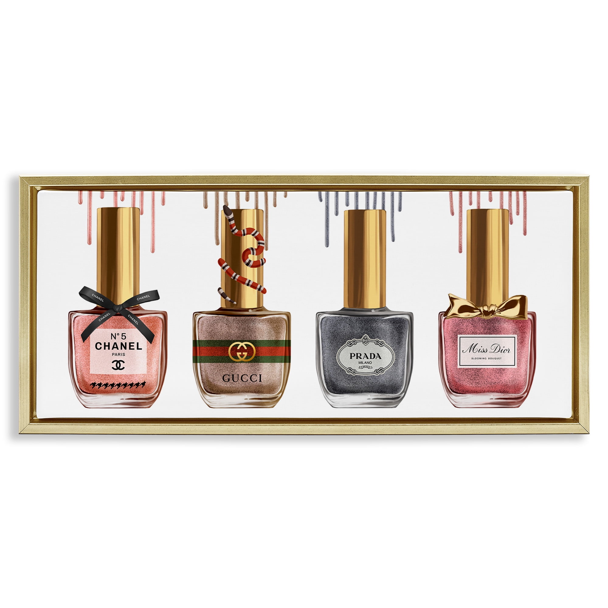 Stupell Industries Glam Nail Polish Collection Beauty & Fashion Painting Gold Floater Framed Canvas Art Print Wall Art, 25 x 11