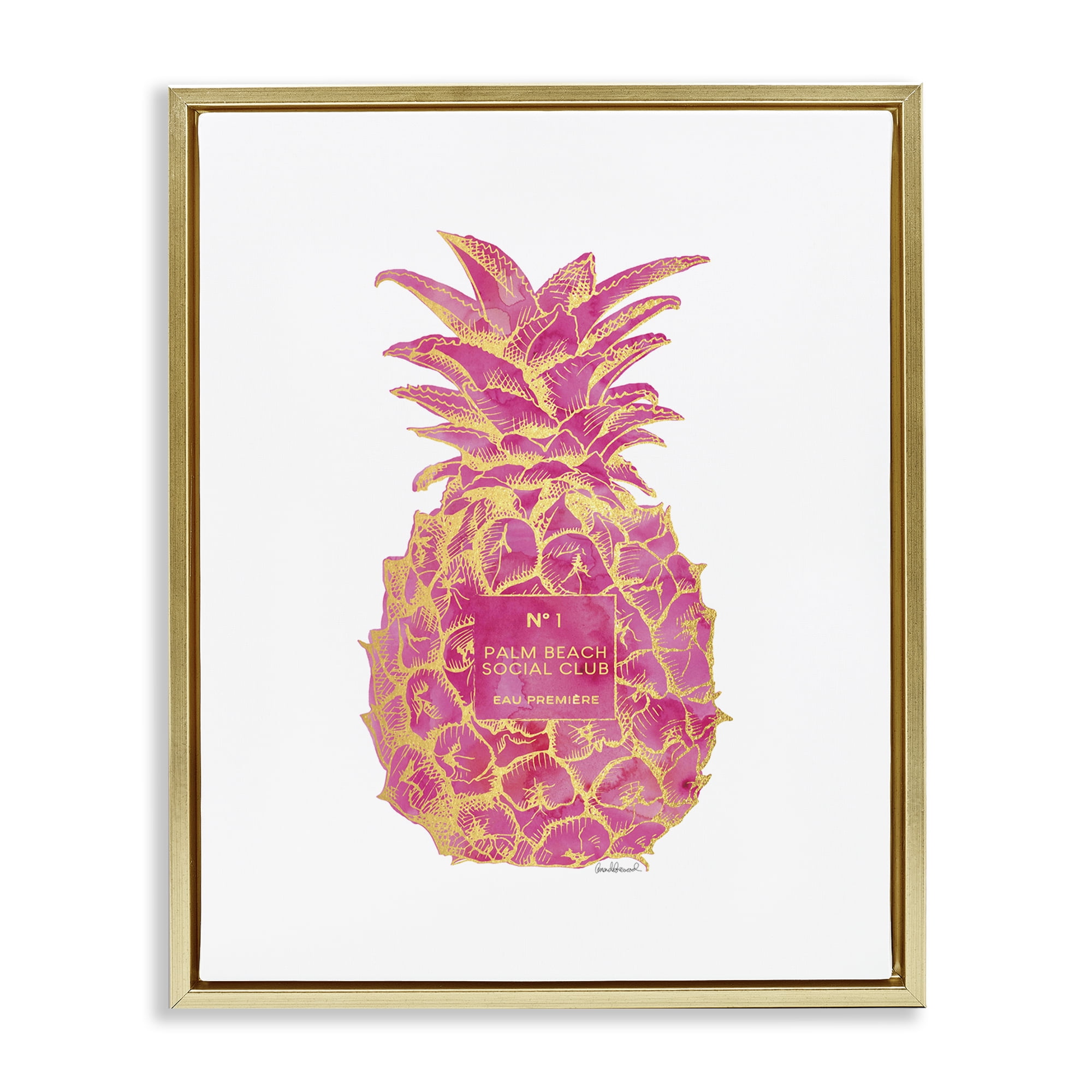 Stupell Industries Glam Ornate Pineapple Food & Beverage Painting Gold Floater Framed Canvas Art Print Wall Art, 17 x 21