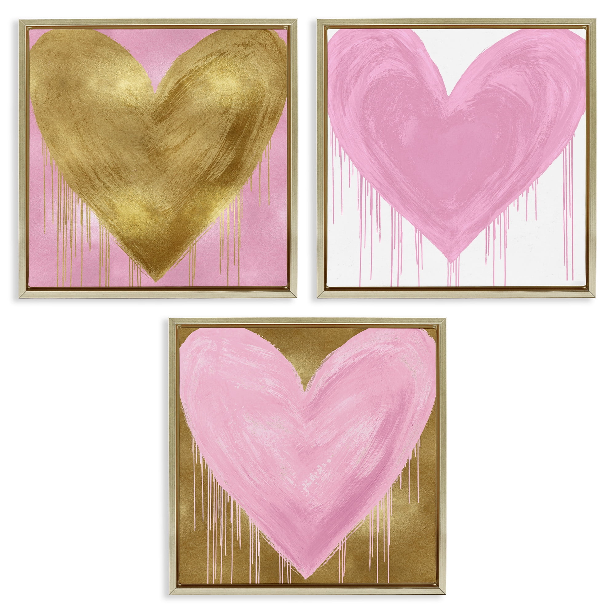 Stupell Industries Glam Paint Drip Hearts Design Art for Kids Painting Gold Floater Framed Canvas Art Print Wall Art, 25 x 25, Set of 3