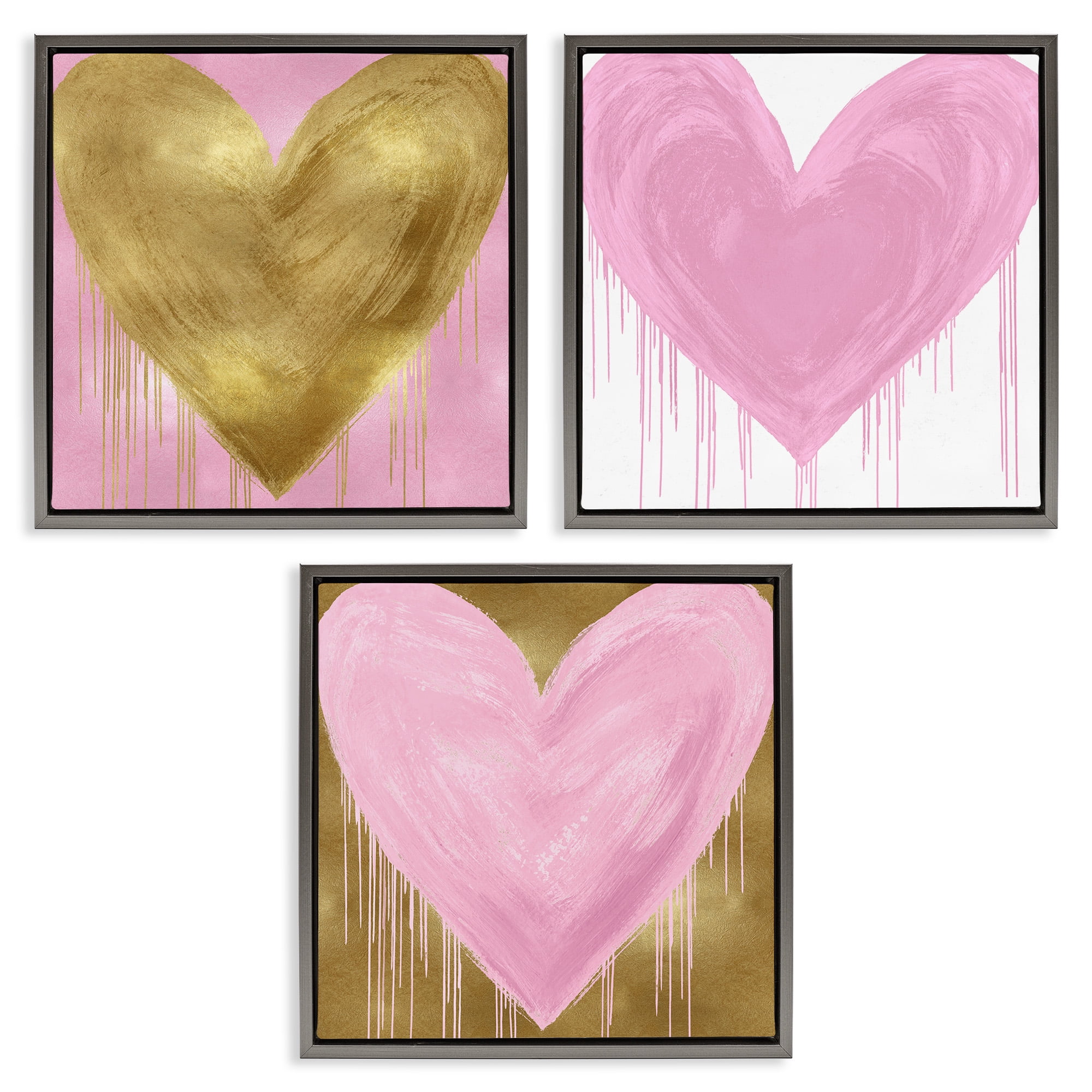Stupell Industries Glam Paint Drip Hearts Design Art for Kids Painting Gray Floater Framed Canvas Art Print Wall Art, 25 x 25, Set of 3